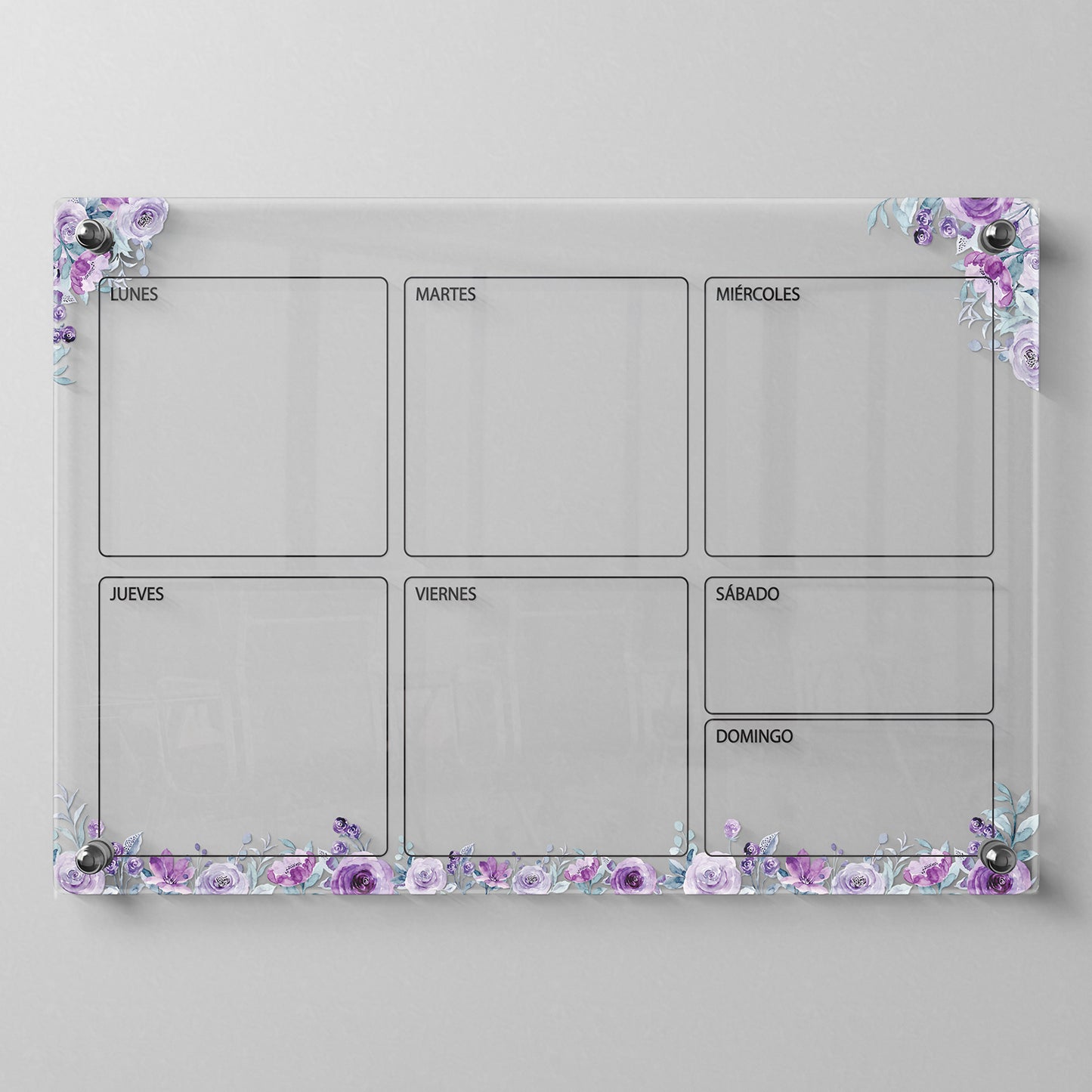 Planificador semanal de acrílico transparente con soportes de aluminio, diseño moderno y elegante. Ideal para organizar tareas, metas y actividades. Incluye marcador borrable. Envío gratis en compras en línea. Pizarrón, tablero de control, organizador