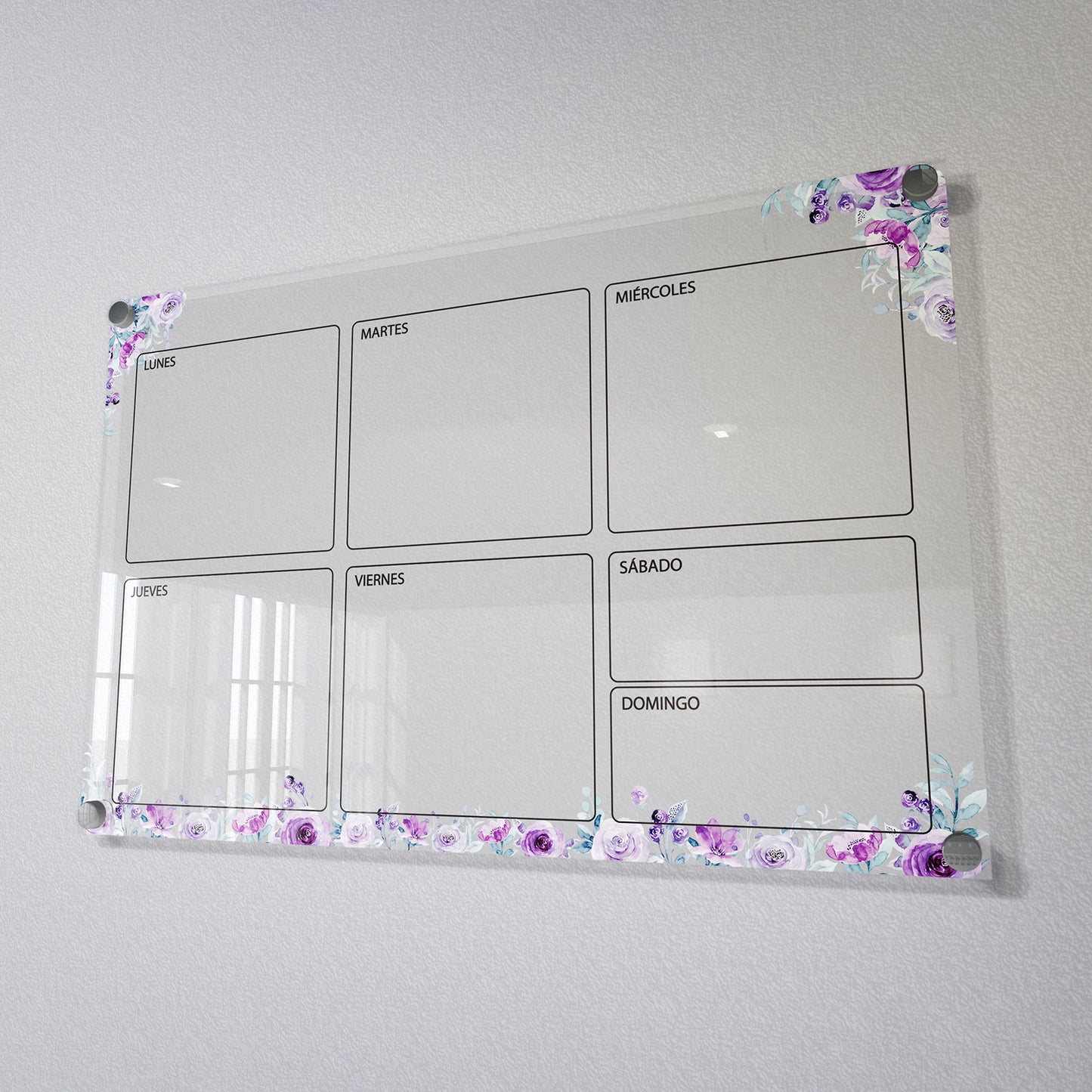 Planificador semanal de acrílico transparente con soportes de aluminio, diseño moderno y elegante. Ideal para organizar tareas, metas y actividades. Incluye marcador borrable. Envío gratis en compras en línea. Pizarrón, tablero de control, organizador