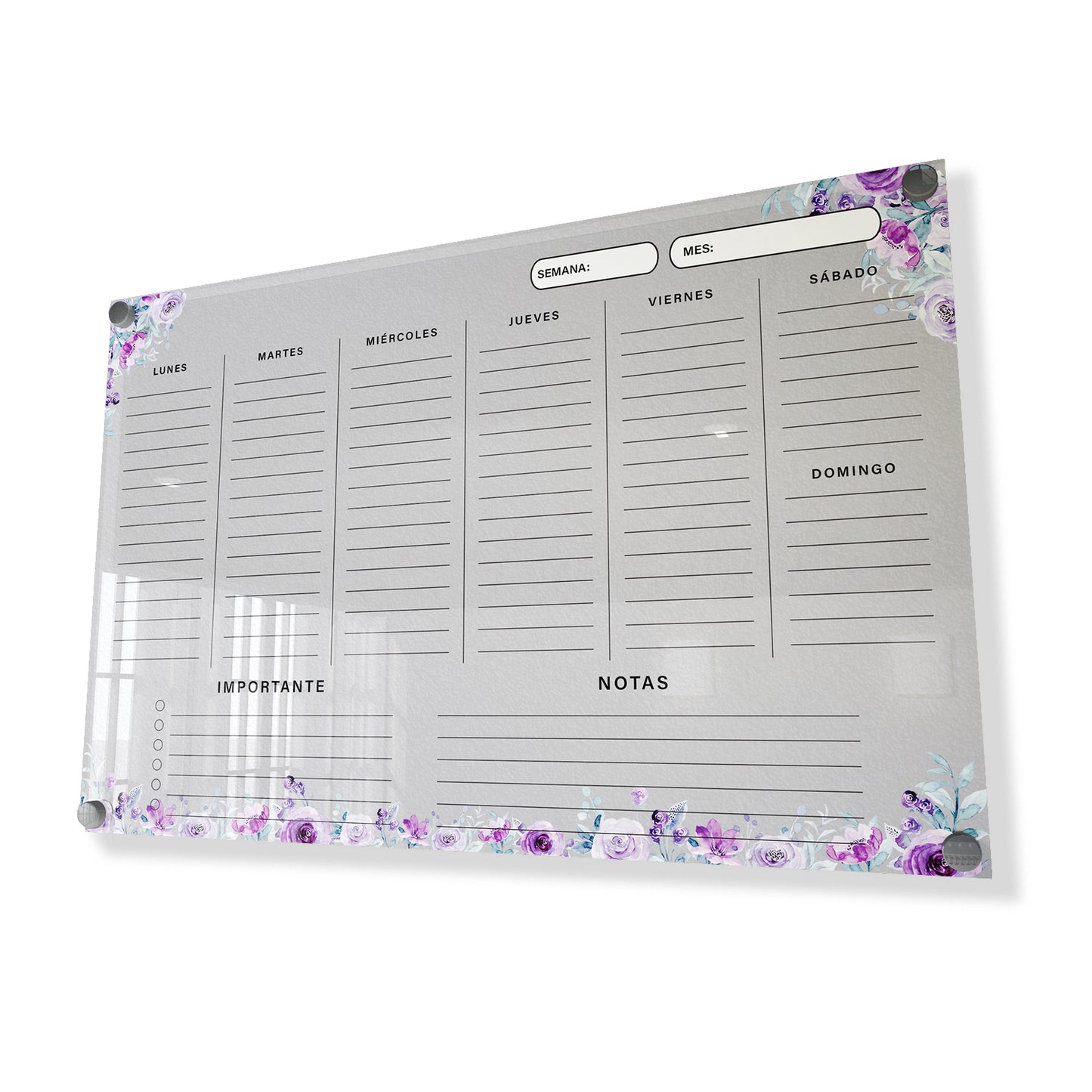 Planificador semanal de acrílico transparente con soportes de aluminio, diseño moderno y elegante. Ideal para organizar tareas, metas y actividades. Incluye marcador borrable. Envío gratis en compras en línea. Pizarrón, tablero de control, organizador