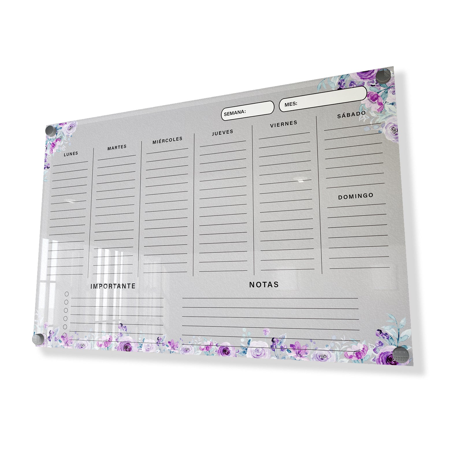 Planificador semanal de acrílico transparente con soportes de aluminio, diseño moderno y elegante. Ideal para organizar tareas, metas y actividades. Incluye marcador borrable. Envío gratis en compras en línea. Pizarrón, tablero de control, organizador