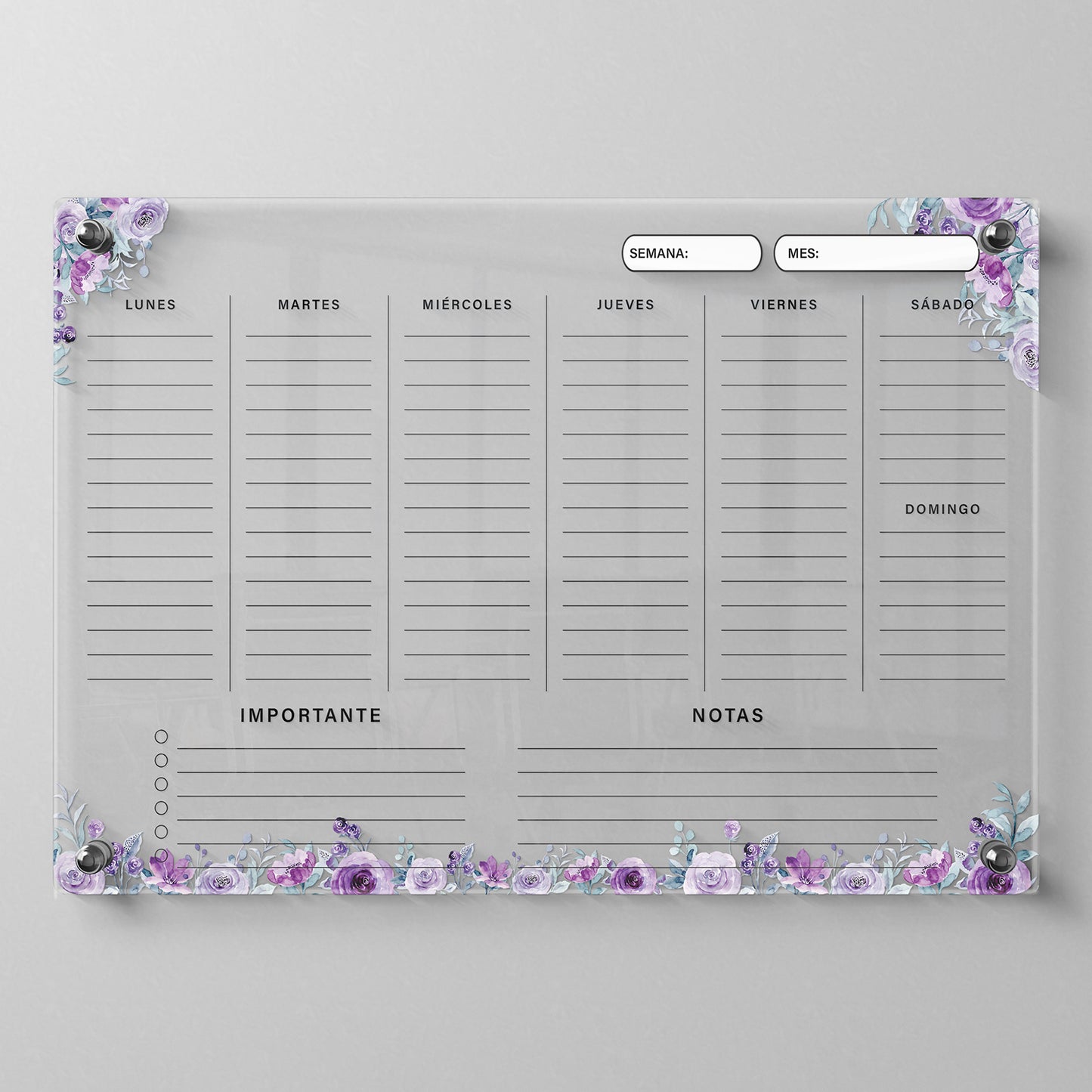 Planificador semanal de acrílico transparente con soportes de aluminio, diseño moderno y elegante. Ideal para organizar tareas, metas y actividades. Incluye marcador borrable. Envío gratis en compras en línea. Pizarrón, tablero de control, organizador