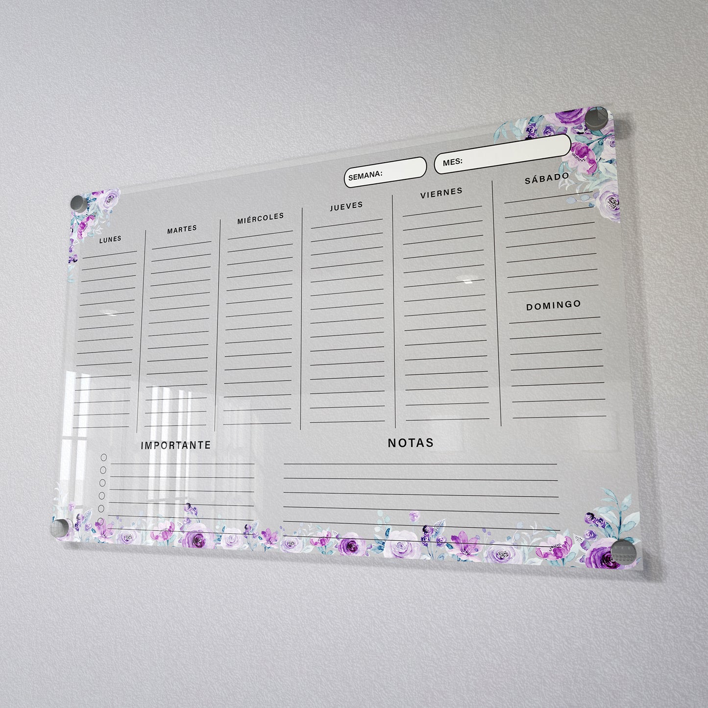 Planificador semanal de acrílico transparente con soportes de aluminio, diseño moderno y elegante. Ideal para organizar tareas, metas y actividades. Incluye marcador borrable. Envío gratis en compras en línea. Pizarrón, tablero de control, organizador