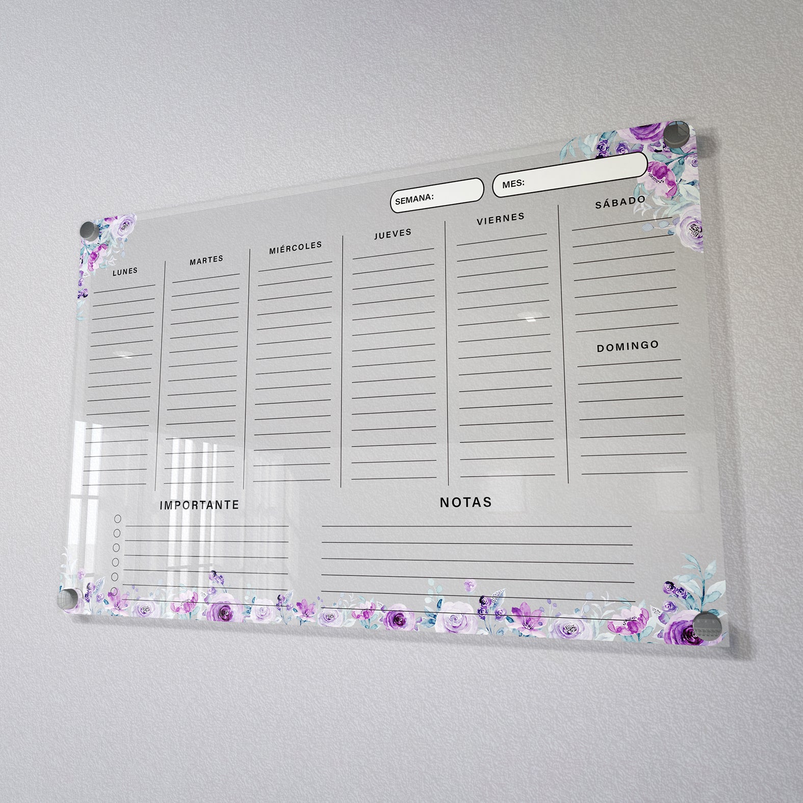 Planificador semanal de acrílico transparente con soportes de aluminio, diseño moderno y elegante. Ideal para organizar tareas, metas y actividades. Incluye marcador borrable. Envío gratis en compras en línea. Pizarrón, tablero de control, organizador