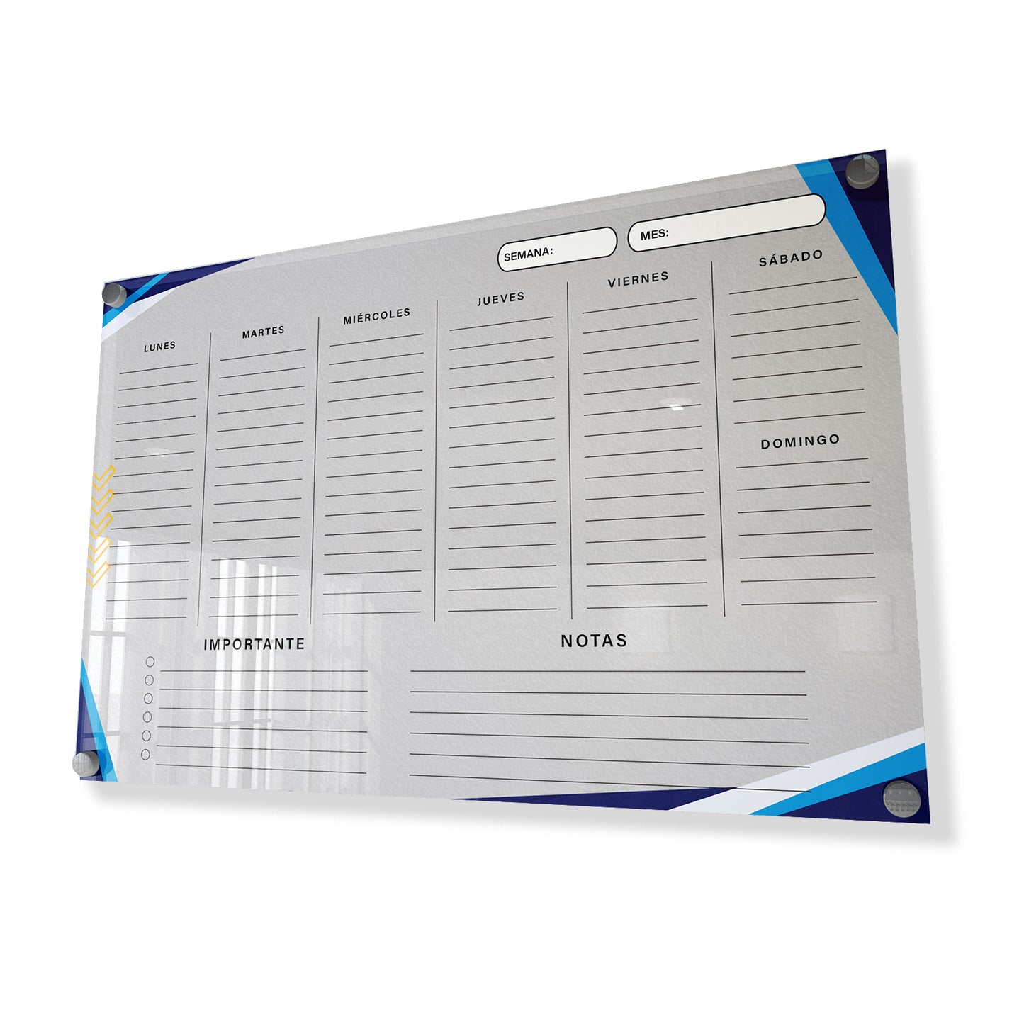 Planificador semanal de acrílico transparente con soportes de aluminio, diseño minimalista y reutilizable. Ideal para organizar tareas, metas y actividades. Incluye marcador borrable. Envío gratis en compras en línea. Pizarrón, tablero de control, organizador