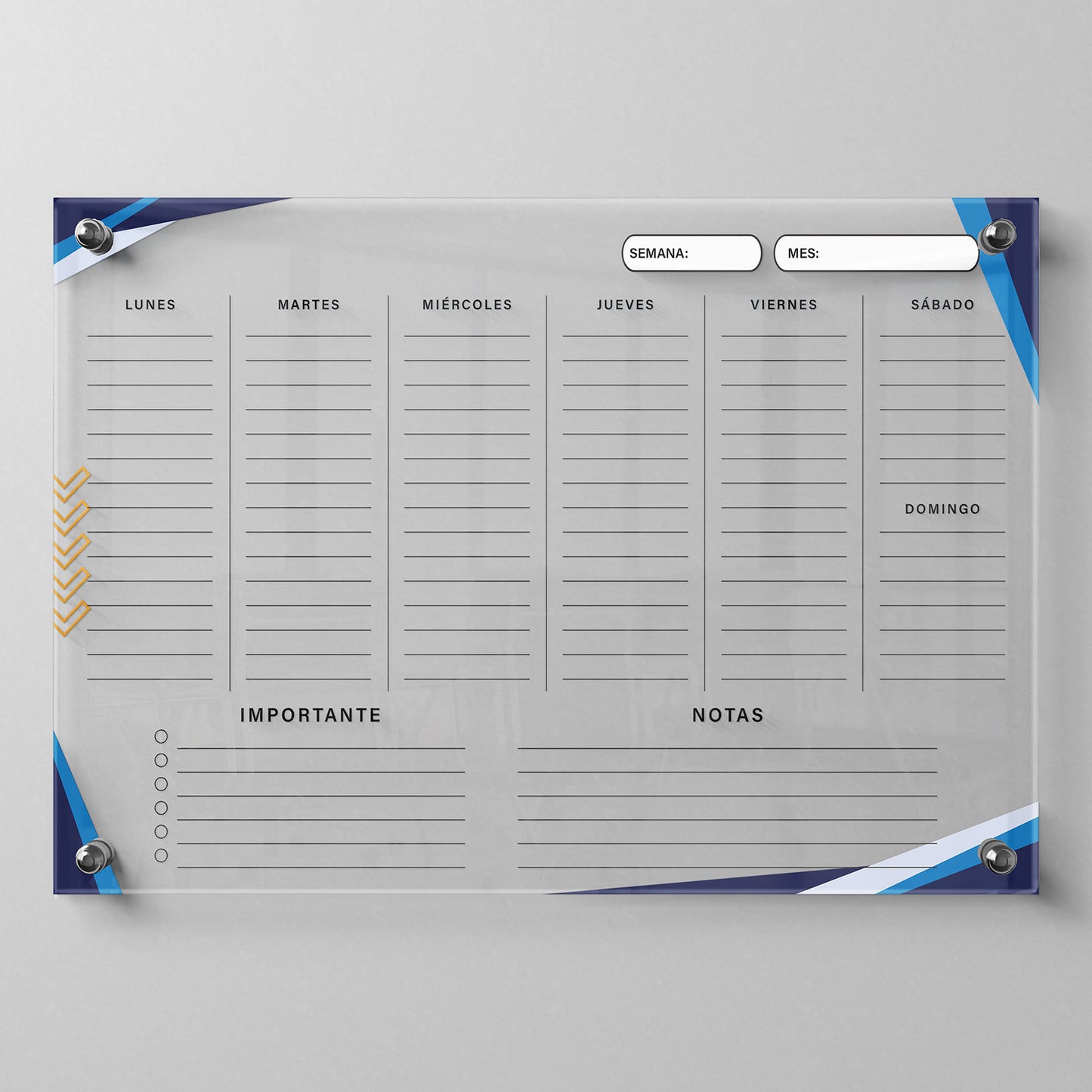 Planificador semanal de acrílico transparente con soportes de aluminio, diseño minimalista y reutilizable. Ideal para organizar tareas, metas y actividades. Incluye marcador borrable. Envío gratis en compras en línea. Pizarrón, tablero de control, organizador