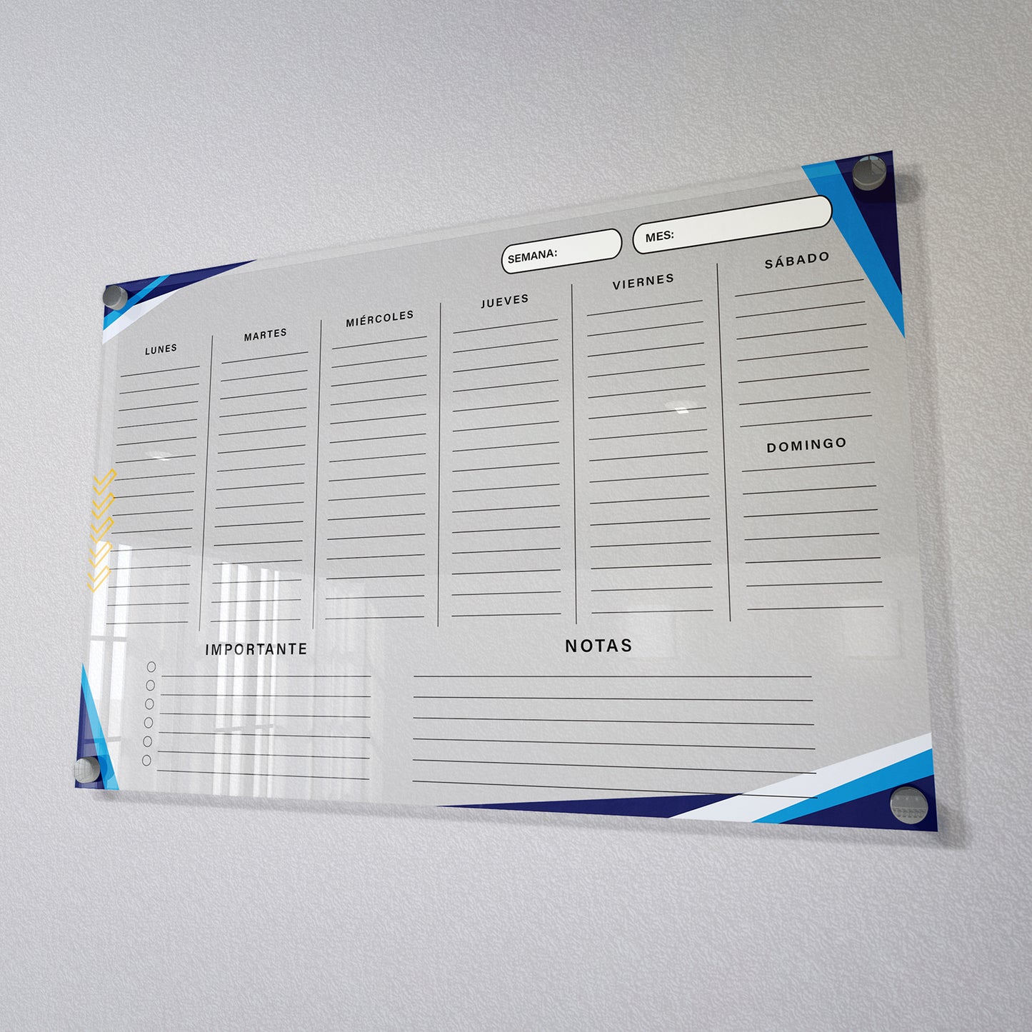 Planificador semanal de acrílico transparente con soportes de aluminio, diseño minimalista y reutilizable. Ideal para organizar tareas, metas y actividades. Incluye marcador borrable. Envío gratis en compras en línea. Pizarrón, tablero de control, organizador