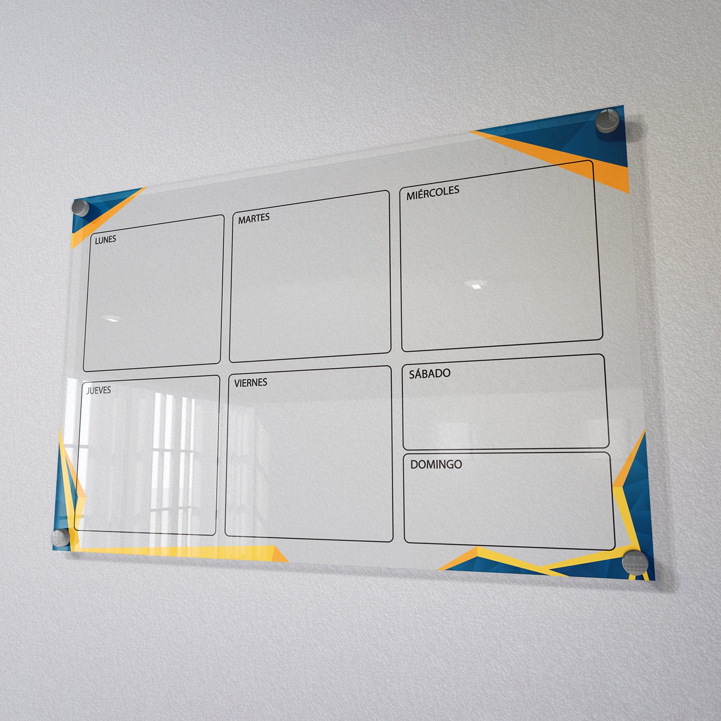 Planificador semanal de acrílico transparente con soportes de aluminio, diseño minimalista y reutilizable. Ideal para organizar tareas, metas y actividades. Incluye marcador borrable. Envío gratis en compras en línea. Pizarrón, tablero de control, organizador