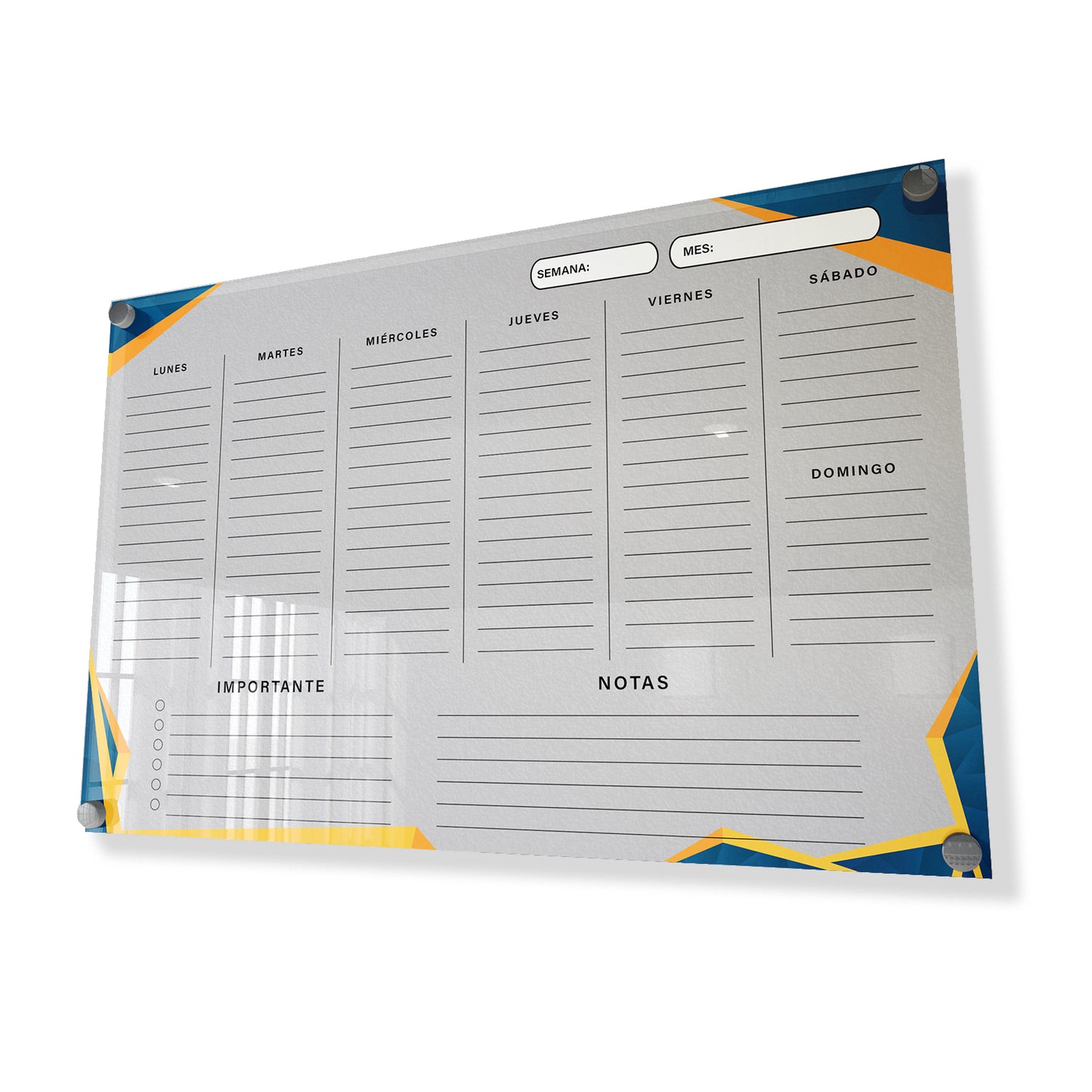 Planificador semanal de acrílico transparente con soportes de aluminio, diseño minimalista y reutilizable. Ideal para organizar tareas, metas y actividades. Incluye marcador borrable. Envío gratis en compras en línea. Pizarrón, tablero de control, organizador