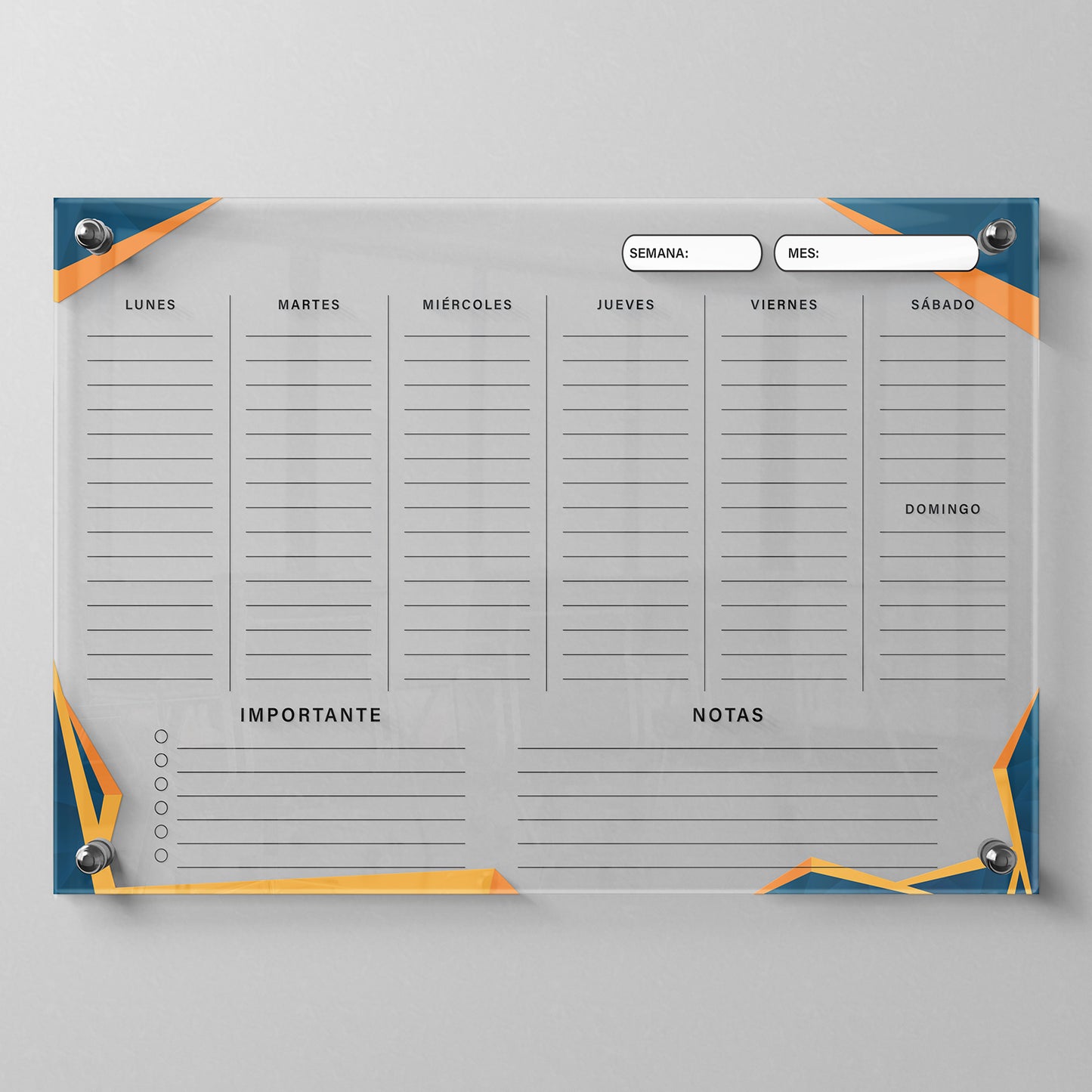 Planificador semanal de acrílico transparente con soportes de aluminio, diseño minimalista y reutilizable. Ideal para organizar tareas, metas y actividades. Incluye marcador borrable. Envío gratis en compras en línea. Pizarrón, tablero de control, organizador