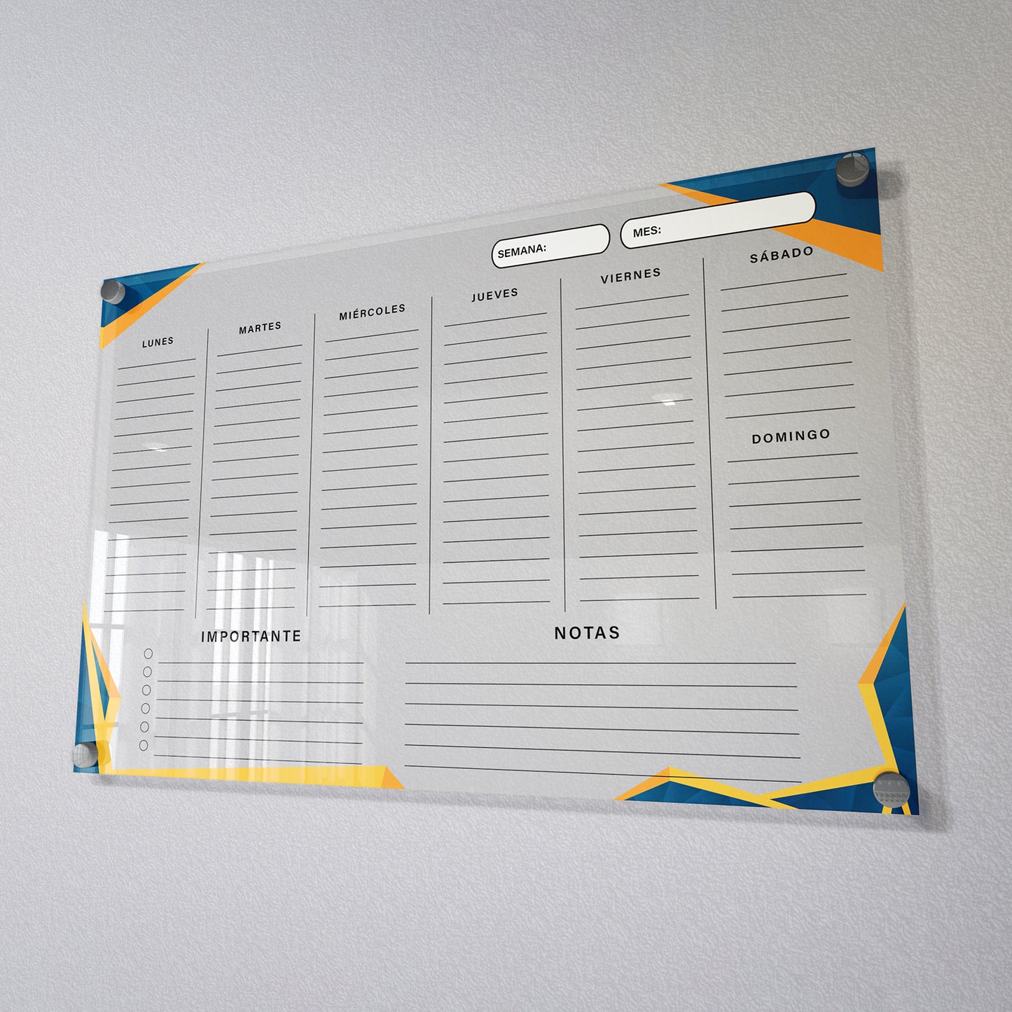 Planificador semanal de acrílico transparente con soportes de aluminio, diseño minimalista y reutilizable. Ideal para organizar tareas, metas y actividades. Incluye marcador borrable. Envío gratis en compras en línea. Pizarrón, tablero de control, organizador