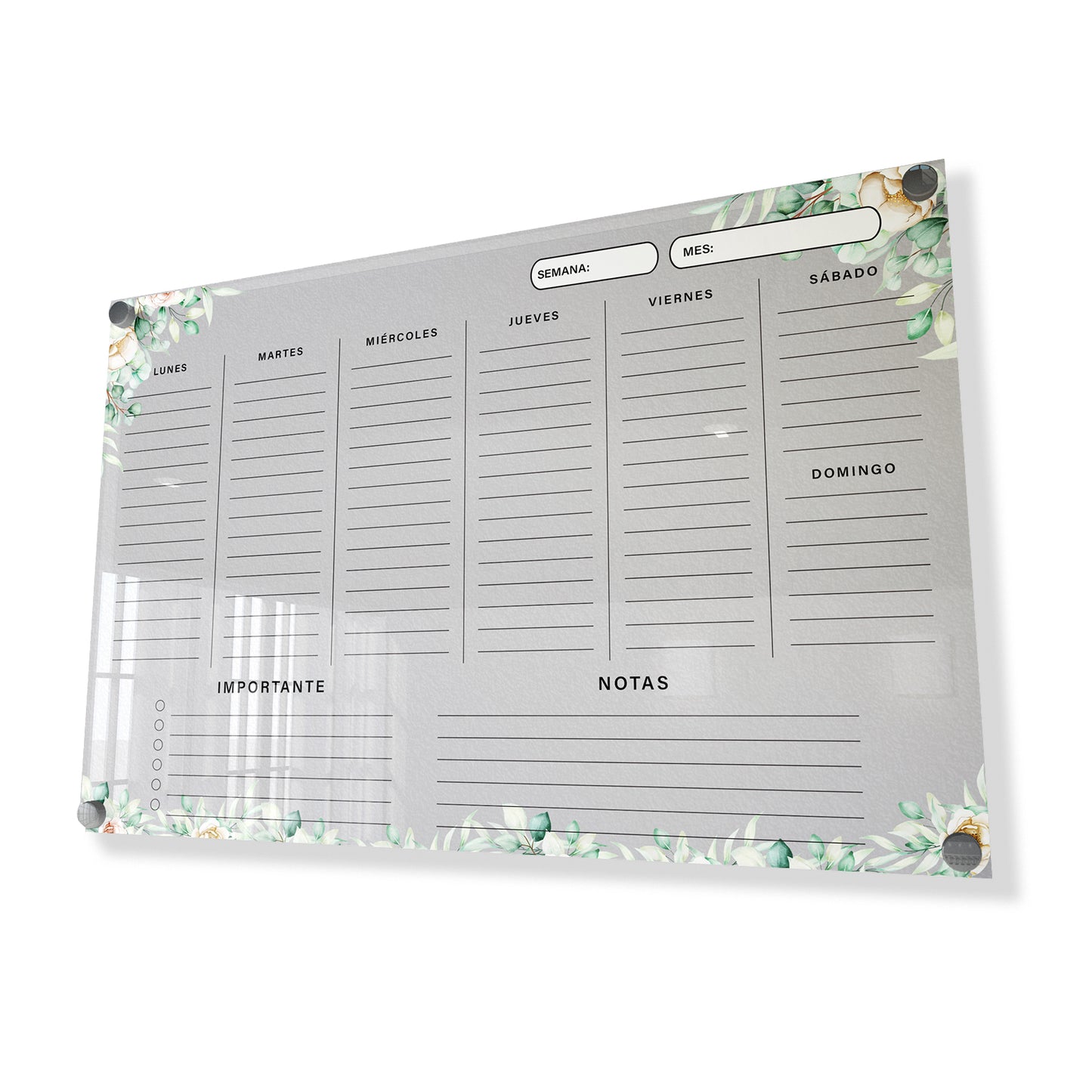 Planificador semanal de acrílico transparente con soportes de aluminio, diseño moderno y elegante. Ideal para organizar tareas, metas y actividades. Incluye marcador borrable. Envío gratis en compras en línea. Pizarrón, tablero de control, organizador