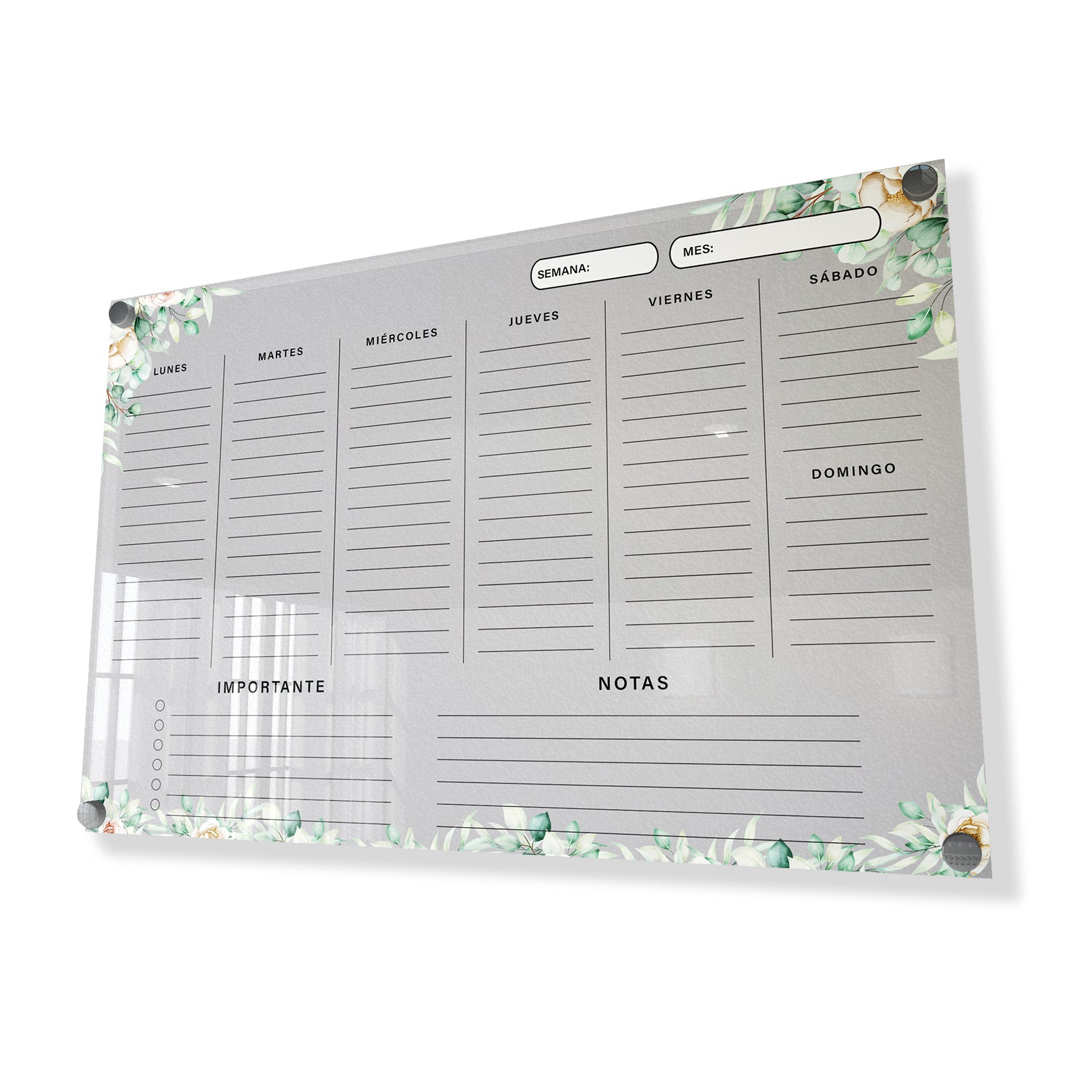 Planificador semanal de acrílico transparente con soportes de aluminio, diseño moderno y elegante. Ideal para organizar tareas, metas y actividades. Incluye marcador borrable. Envío gratis en compras en línea. Pizarrón, tablero de control, organizador