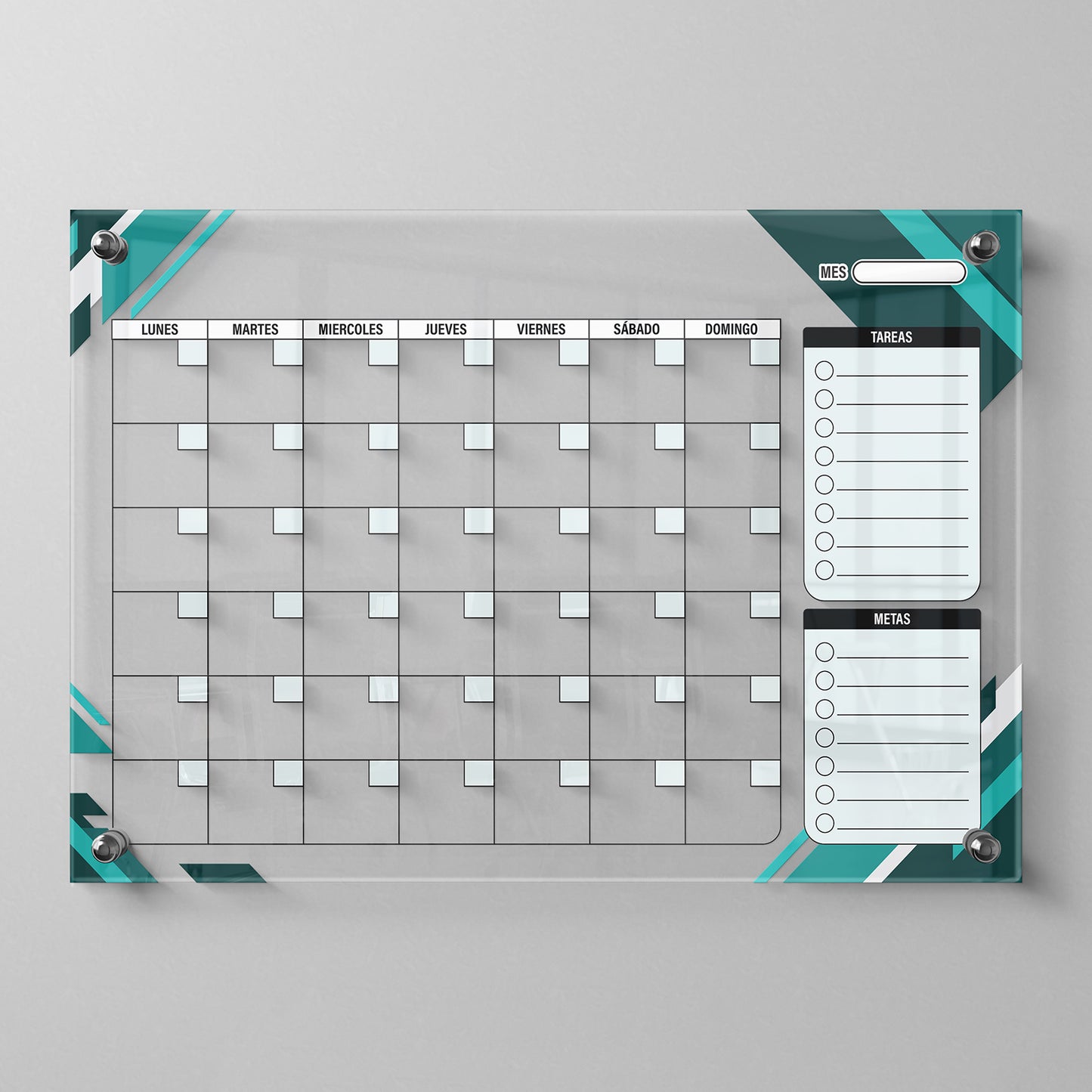 Planificador semanal de acrílico transparente con soportes de aluminio, diseño moderno y elegante. Ideal para organizar tareas, metas y actividades. Incluye marcador borrable. Envío gratis en compras en línea. Pizarrón, tablero de control, organizador