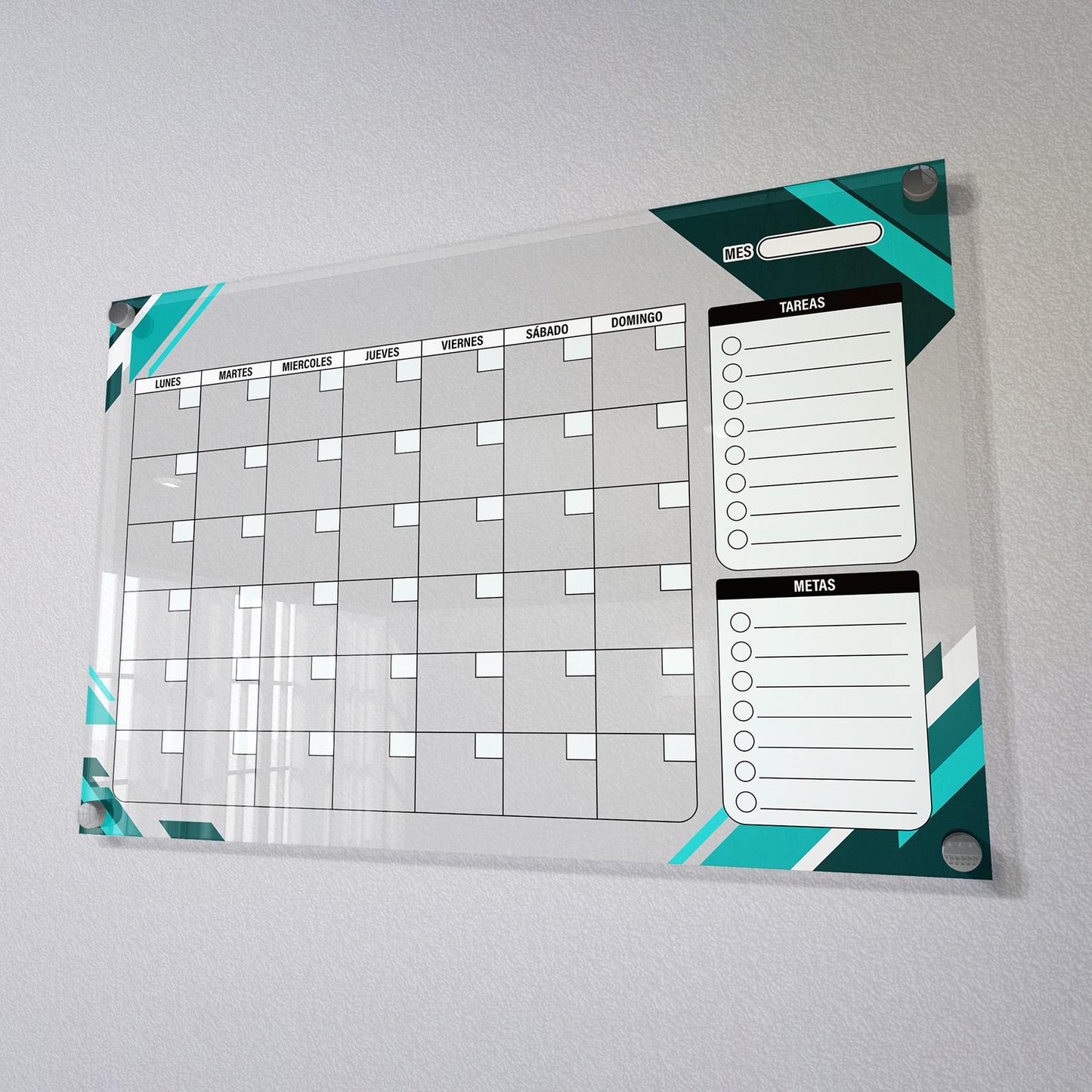 Planificador semanal de acrílico transparente con soportes de aluminio, diseño moderno y elegante. Ideal para organizar tareas, metas y actividades. Incluye marcador borrable. Envío gratis en compras en línea. Pizarrón, tablero de control, organizador