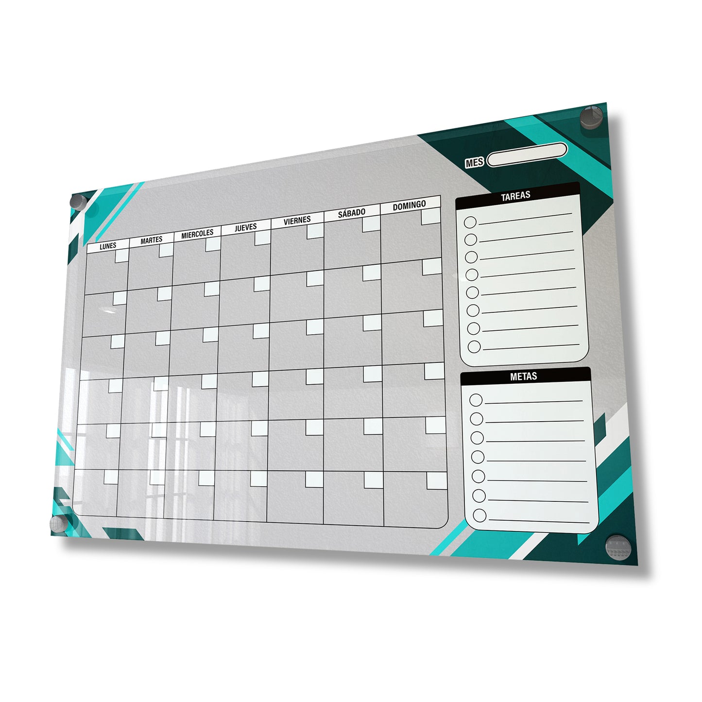 Planificador semanal de acrílico transparente con soportes de aluminio, diseño moderno y elegante. Ideal para organizar tareas, metas y actividades. Incluye marcador borrable. Envío gratis en compras en línea. Pizarrón, tablero de control, organizador