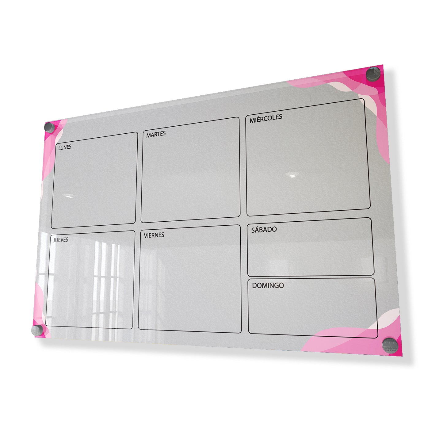 Planificador semanal de acrílico transparente con soportes de aluminio, diseño minimalista y reutilizable. Ideal para organizar tareas, metas y actividades. Incluye marcador borrable. Envío gratis en compras en línea. Pizarrón, tablero de control, organizador