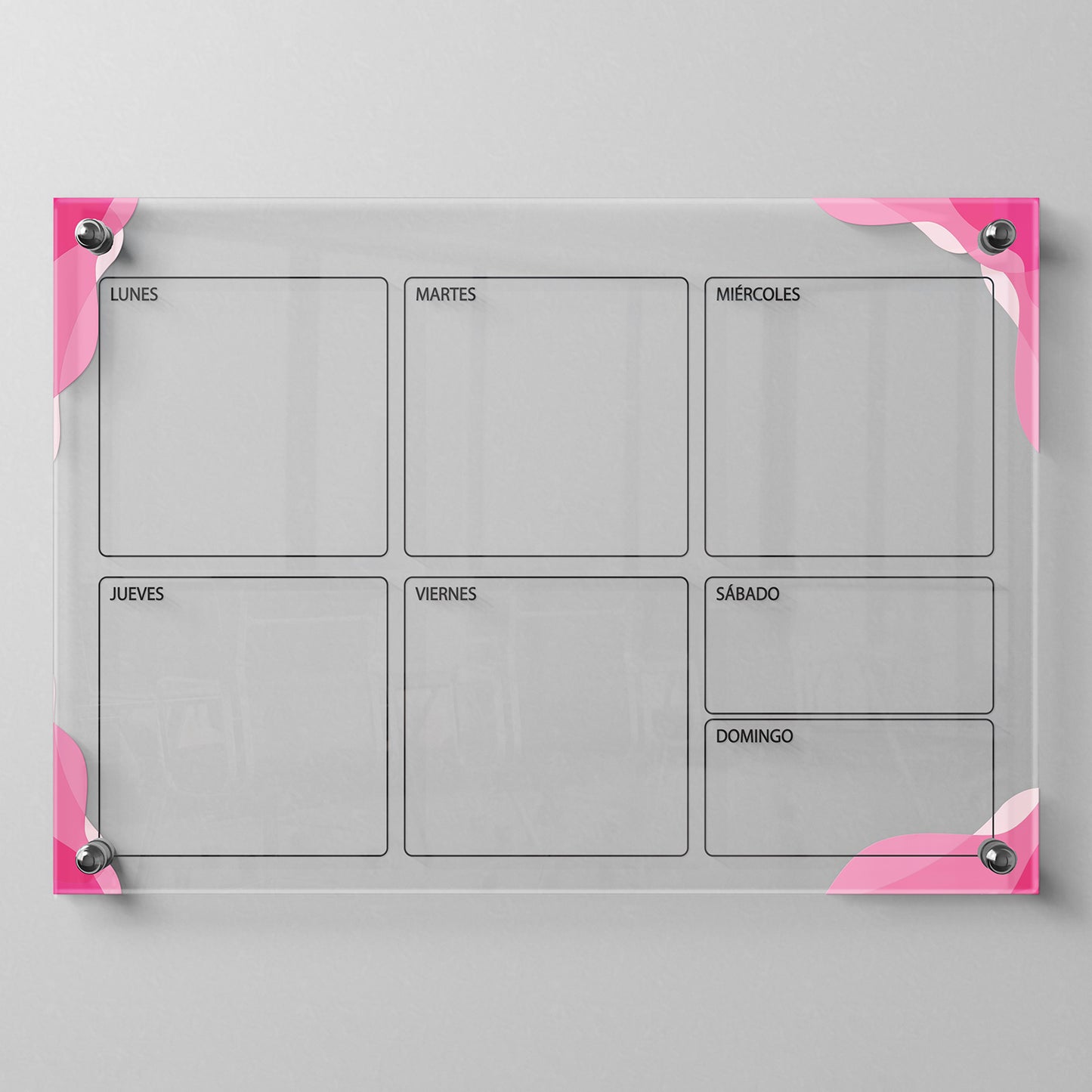 Planificador semanal de acrílico transparente con soportes de aluminio, diseño minimalista y reutilizable. Ideal para organizar tareas, metas y actividades. Incluye marcador borrable. Envío gratis en compras en línea. Pizarrón, tablero de control, organizador