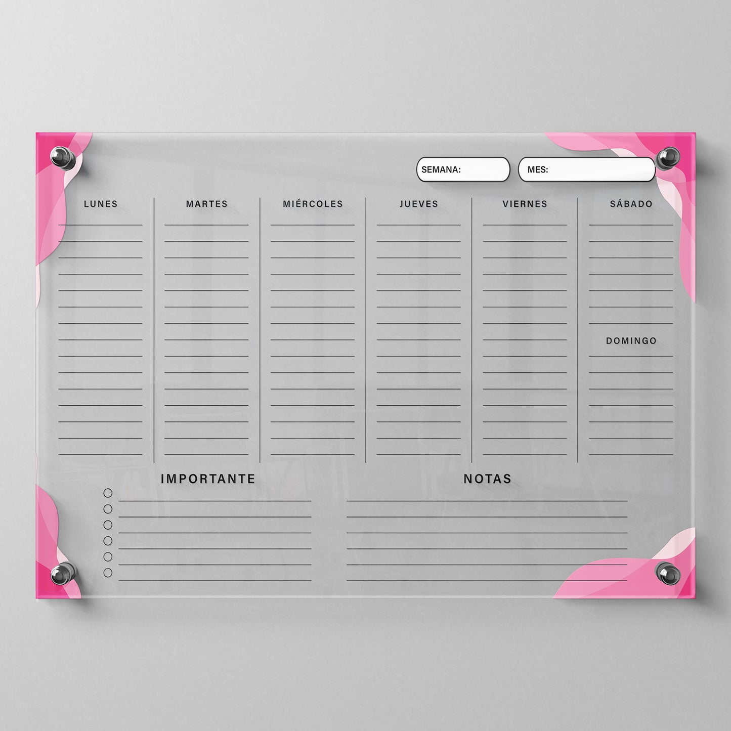 Planificador semanal de acrílico transparente con soportes de aluminio, diseño minimalista y reutilizable. Ideal para organizar tareas, metas y actividades. Incluye marcador borrable. Envío gratis en compras en línea. Pizarrón, tablero de control, organizador