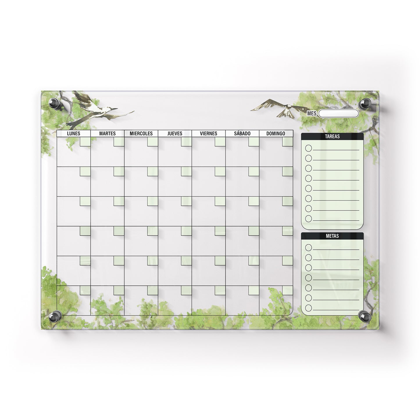 Planificador mensual de acrílico transparente con soportes de aluminio, diseño minimalista y reutilizable. Ideal para organizar tareas, metas y actividades. Incluye marcador borrable. Envío gratis en compras en línea.