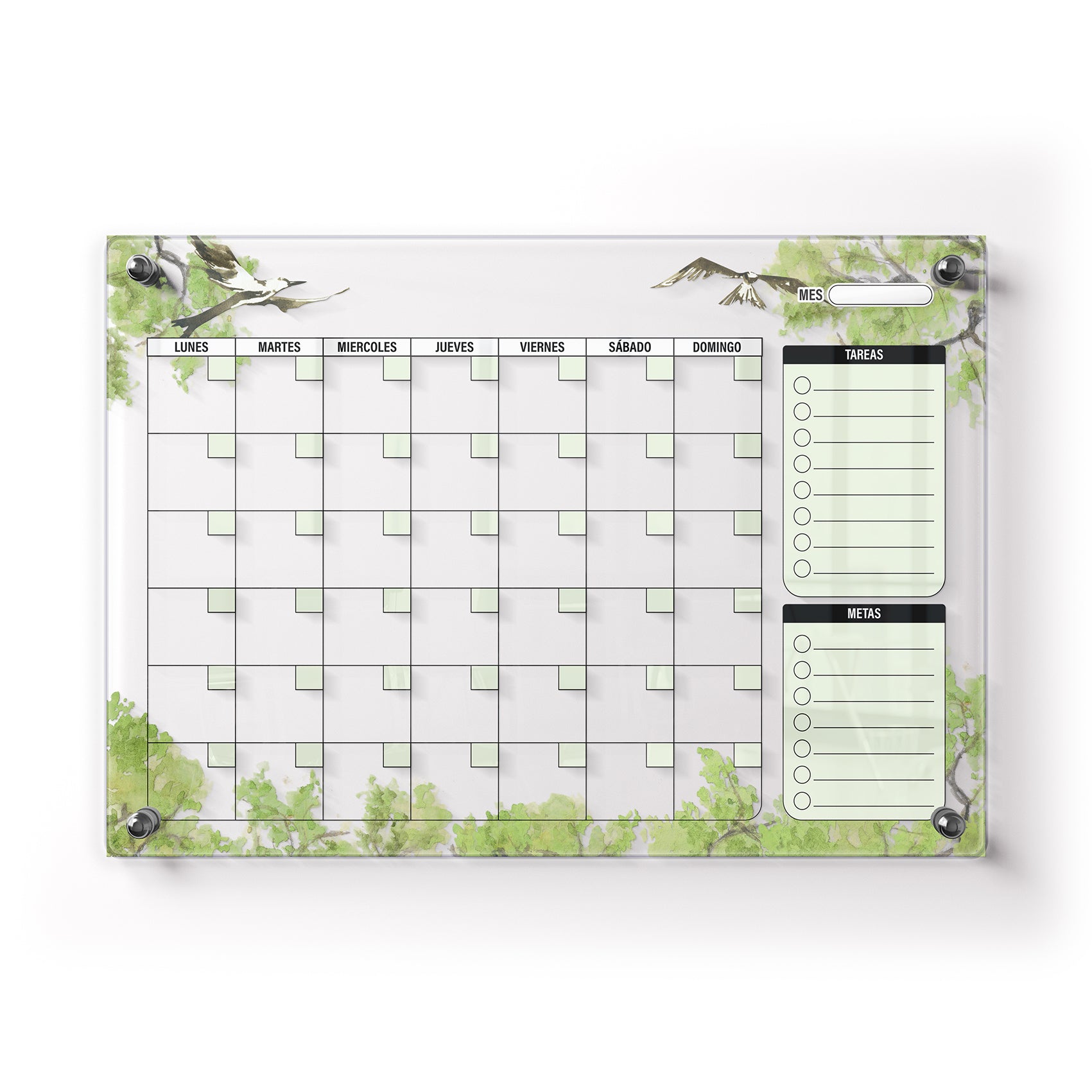 Planificador mensual de acrílico transparente con soportes de aluminio, diseño minimalista y reutilizable. Ideal para organizar tareas, metas y actividades. Incluye marcador borrable. Envío gratis en compras en línea.