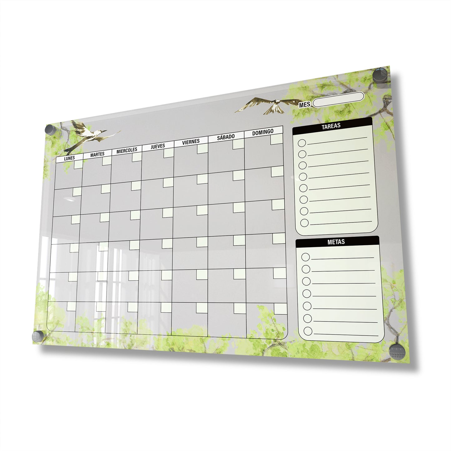 Planificador mensual de acrílico transparente con soportes de aluminio, diseño minimalista y reutilizable. Ideal para organizar tareas, metas y actividades. Incluye marcador borrable. Envío gratis en compras en línea.