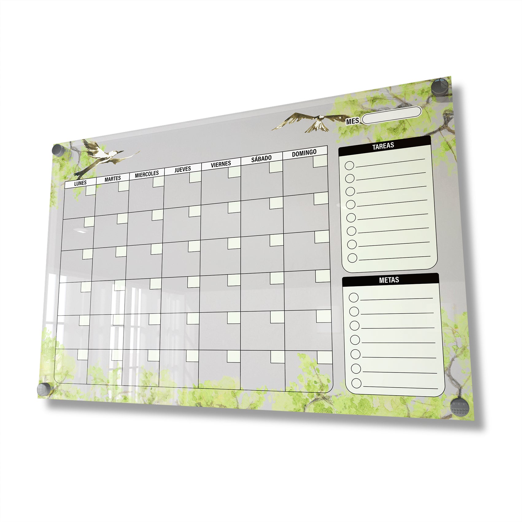 Planificador mensual de acrílico transparente con soportes de aluminio, diseño minimalista y reutilizable. Ideal para organizar tareas, metas y actividades. Incluye marcador borrable. Envío gratis en compras en línea.