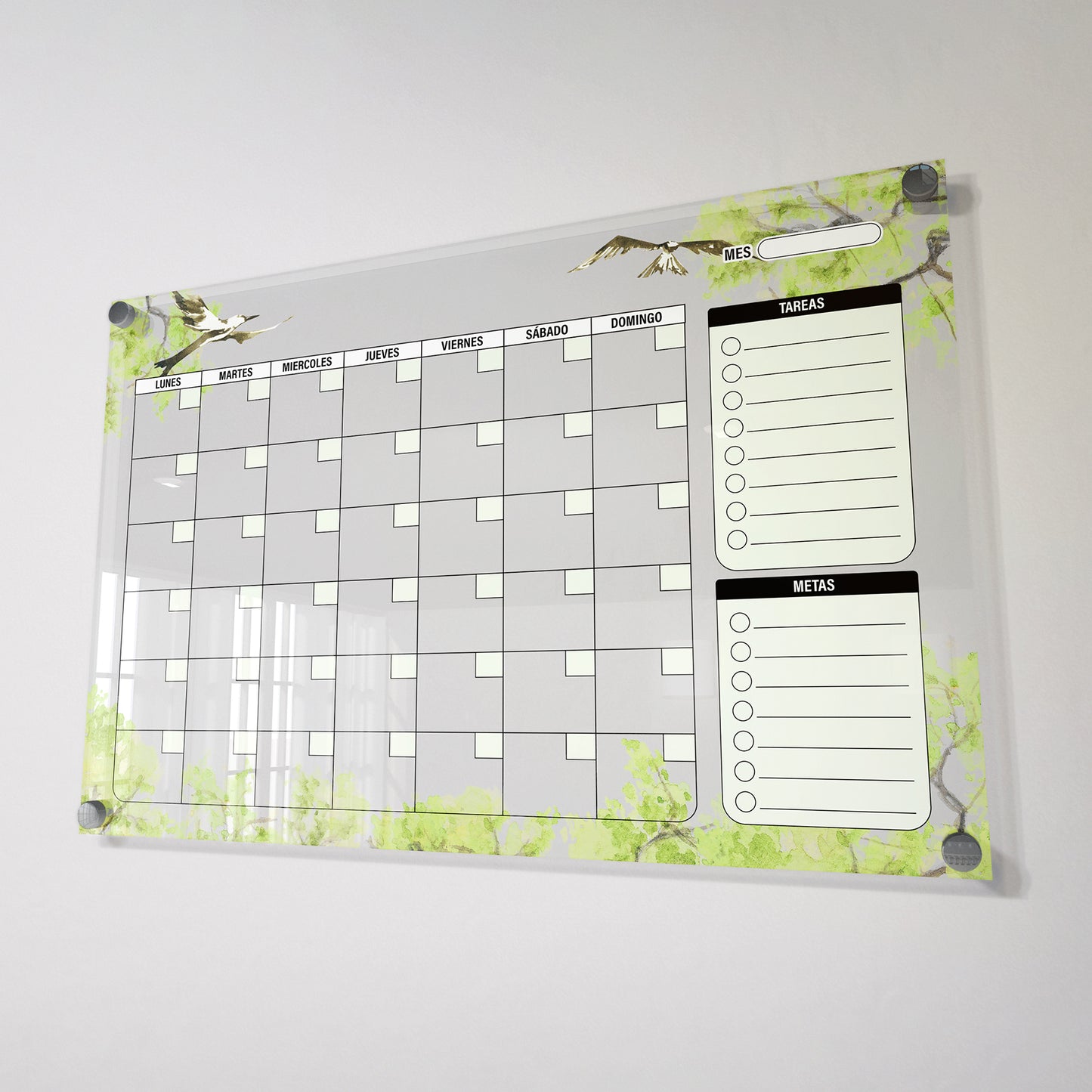 Planificador mensual de acrílico transparente con soportes de aluminio, diseño minimalista y reutilizable. Ideal para organizar tareas, metas y actividades. Incluye marcador borrable. Envío gratis en compras en línea.