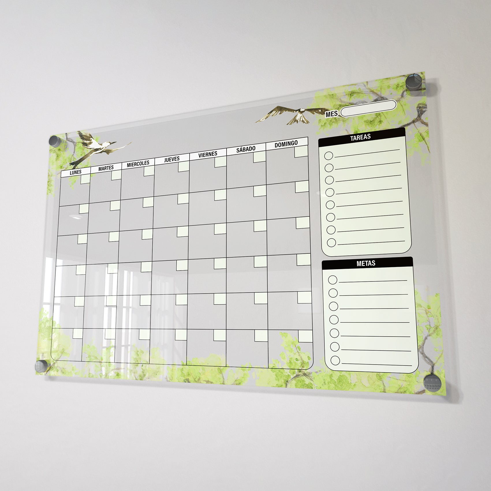 Planificador mensual de acrílico transparente con soportes de aluminio, diseño minimalista y reutilizable. Ideal para organizar tareas, metas y actividades. Incluye marcador borrable. Envío gratis en compras en línea.