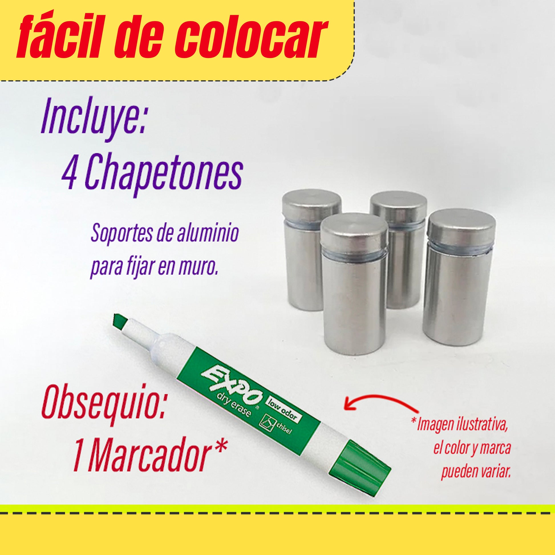 Set de chapetones de aluminio para fijar planificadores de acrílico en la pared. Incluye un marcador de obsequio para escribir y borrar fácilmente. Imagen ilustrativa, el color y marca del marcador pueden variar