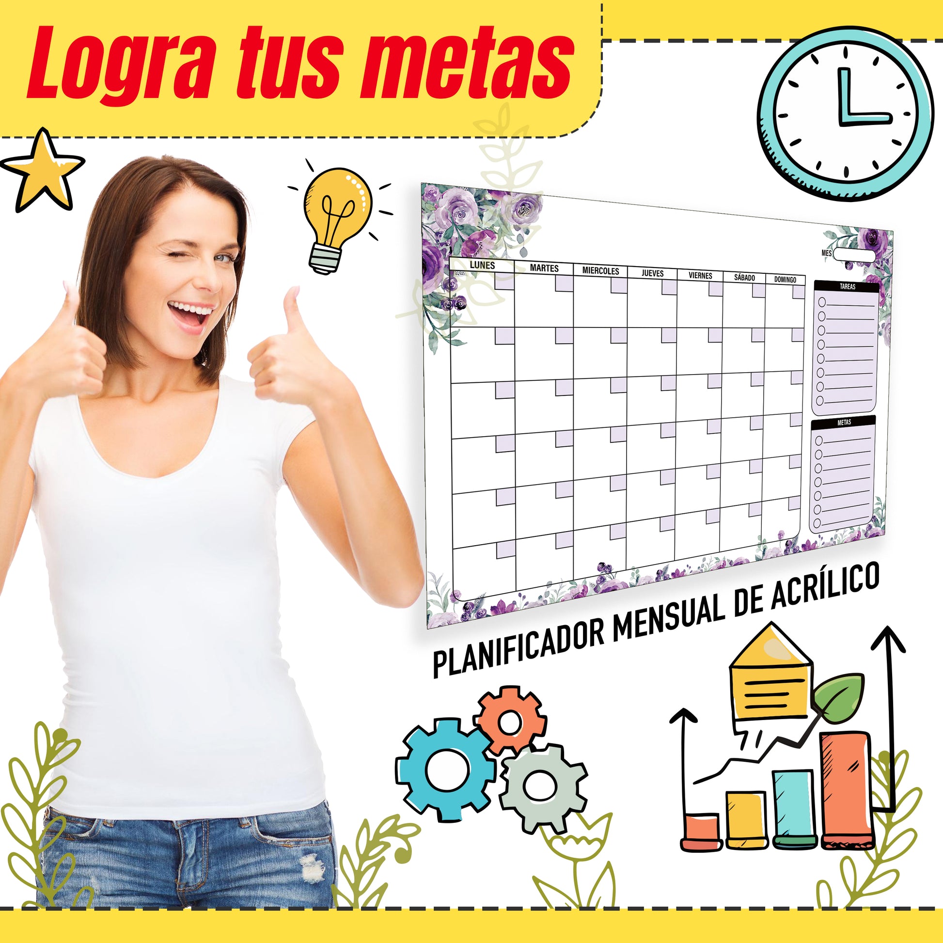Planificador mensual y semanal de acrílico con diseño elegante y reutilizable. Organiza tu tiempo, alcanza tus metas y mejora tu productividad. Fácil de instalar con soportes de aluminio. Incluye marcador de obsequio. ¡Empieza a planificar hoy!
