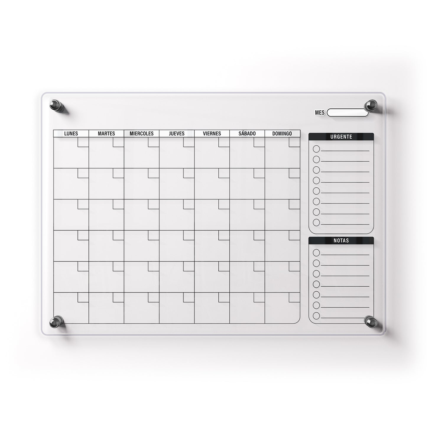 Planificador mensual de acrílico transparente con soportes de aluminio, diseño moderno y elegante. Ideal para organizar tareas, metas y actividades. Incluye marcador borrable. Envío gratis en compras en línea
