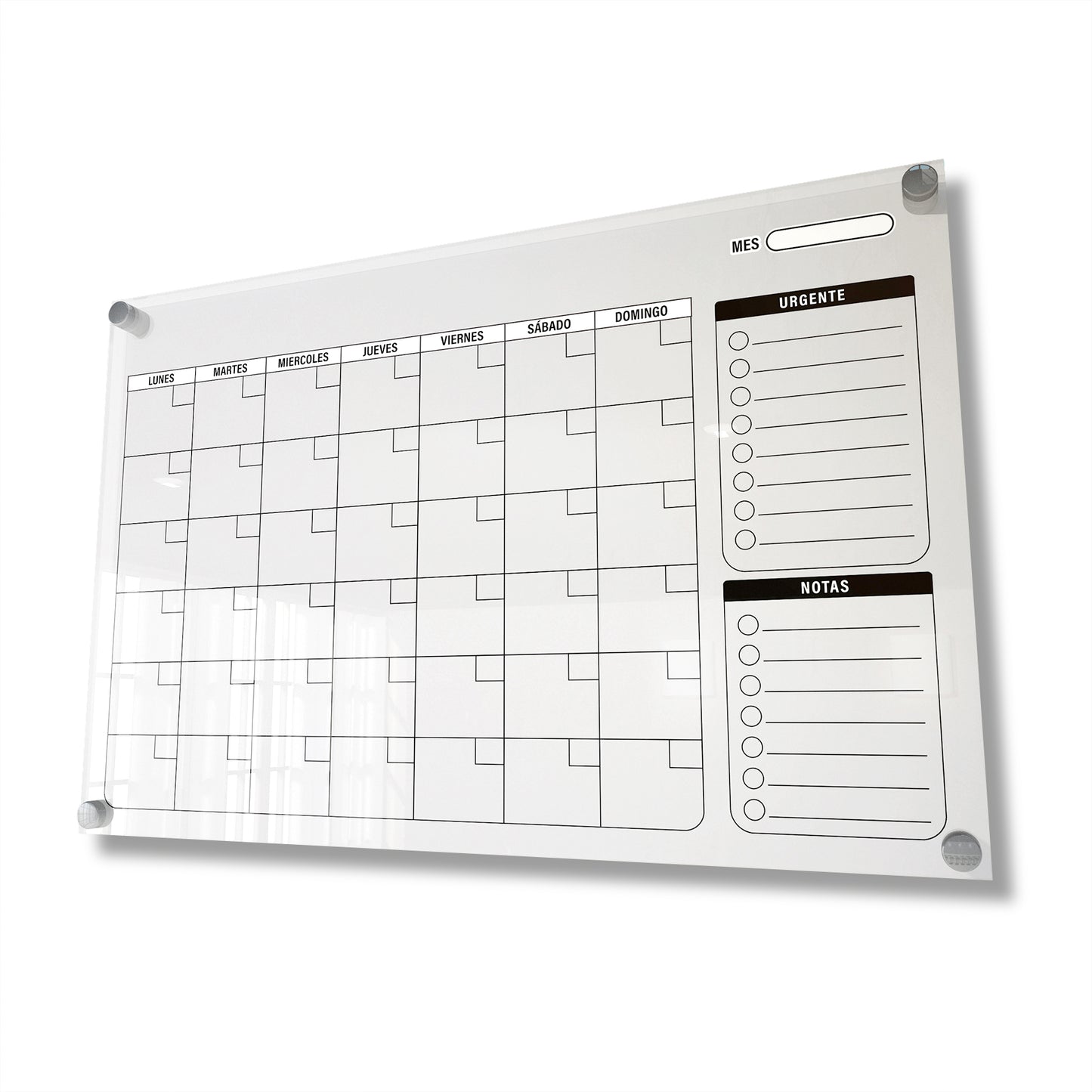 Planificador mensual de acrílico transparente con soportes de aluminio, diseño moderno y elegante. Ideal para organizar tareas, metas y actividades. Incluye marcador borrable. Envío gratis en compras en línea