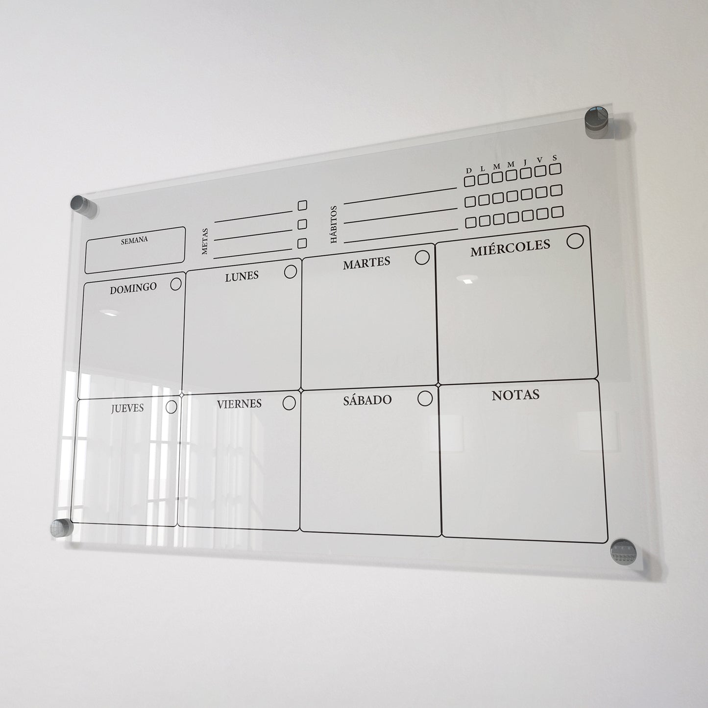 Planificador semanal de acrílico transparente con soportes de aluminio, diseño moderno y elegante. Ideal para organizar tareas, metas y actividades. Incluye marcador borrable. Envío gratis en compras en línea