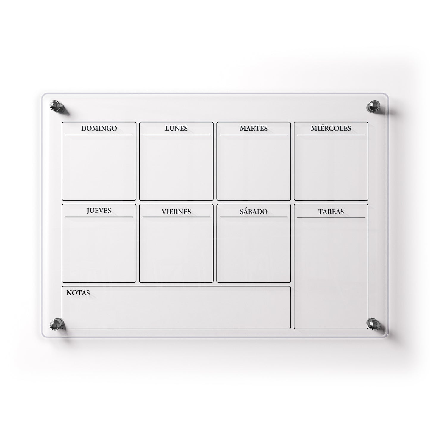 Planificador semanal de acrílico transparente con soportes de aluminio, diseño moderno y elegante. Ideal para organizar tareas, metas y actividades. Incluye marcador borrable. Envío gratis en compras en línea