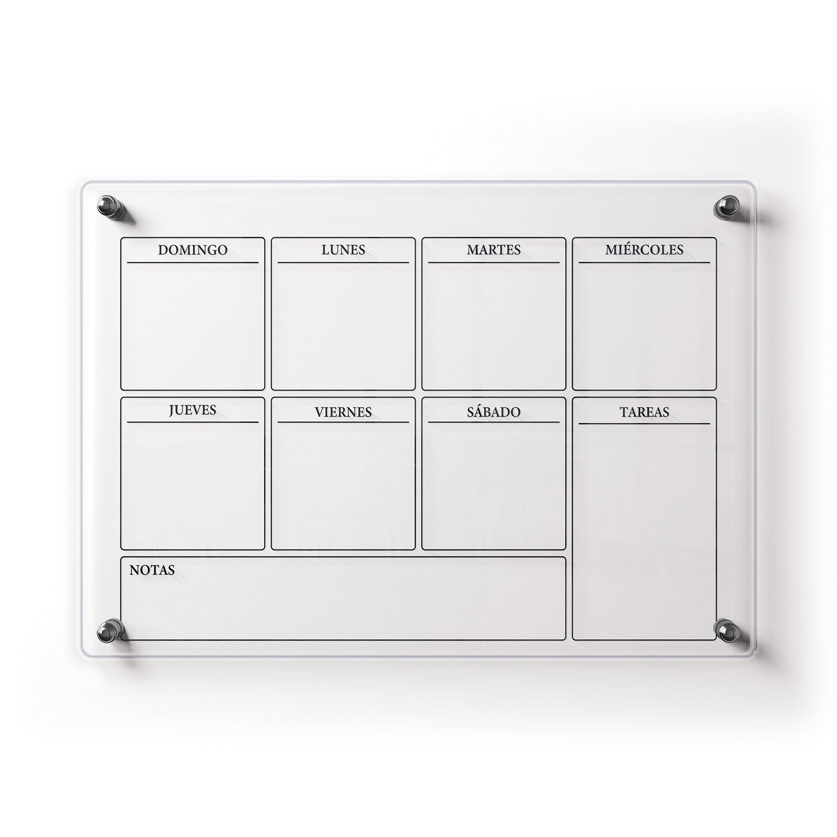 Planificador semanal de acrílico transparente con soportes de aluminio, diseño moderno y elegante. Ideal para organizar tareas, metas y actividades. Incluye marcador borrable. Envío gratis en compras en línea