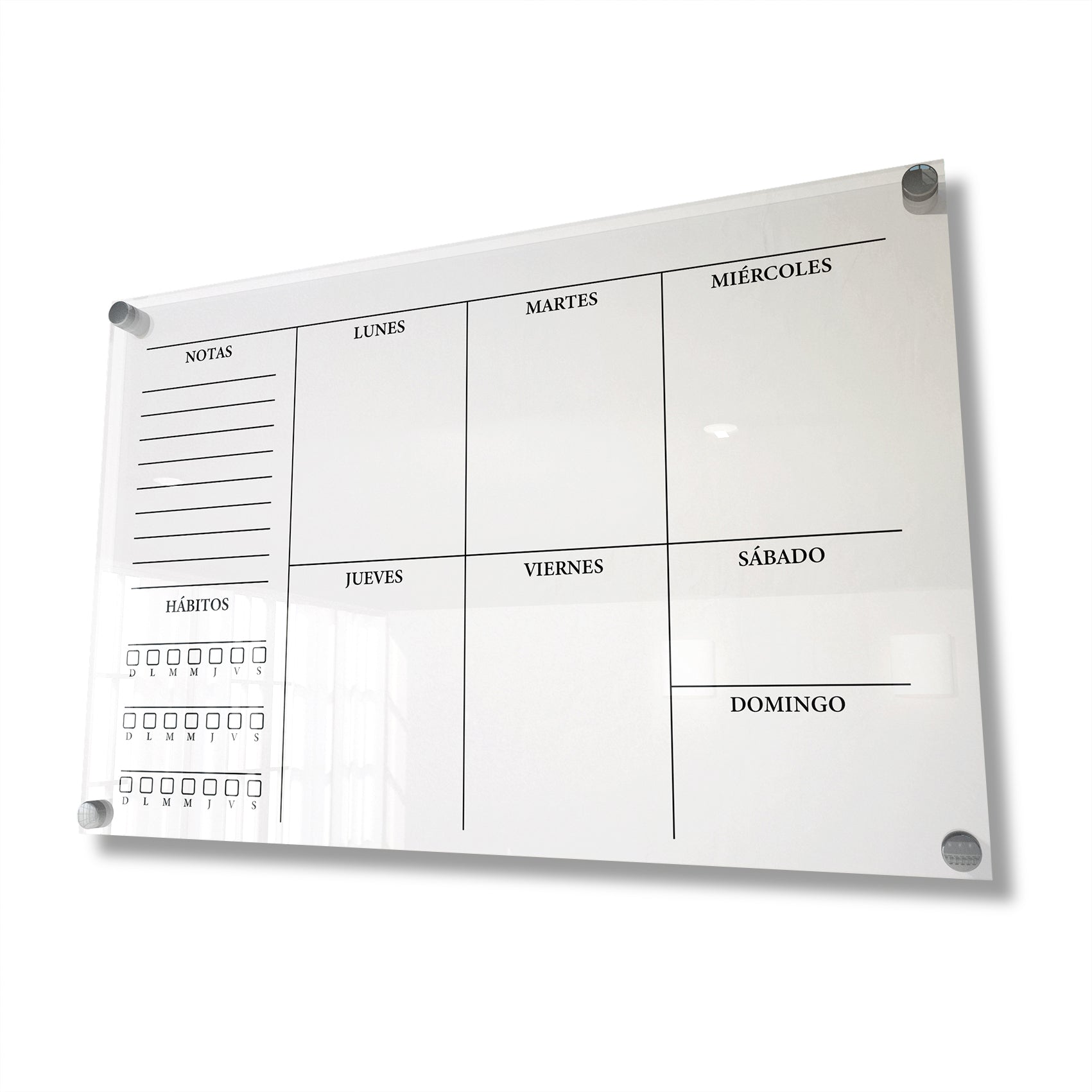 Planificador semanal de acrílico transparente con soportes de aluminio, diseño moderno y elegante. Ideal para organizar tareas, metas y actividades. Incluye marcador borrable. Envío gratis en compras en línea