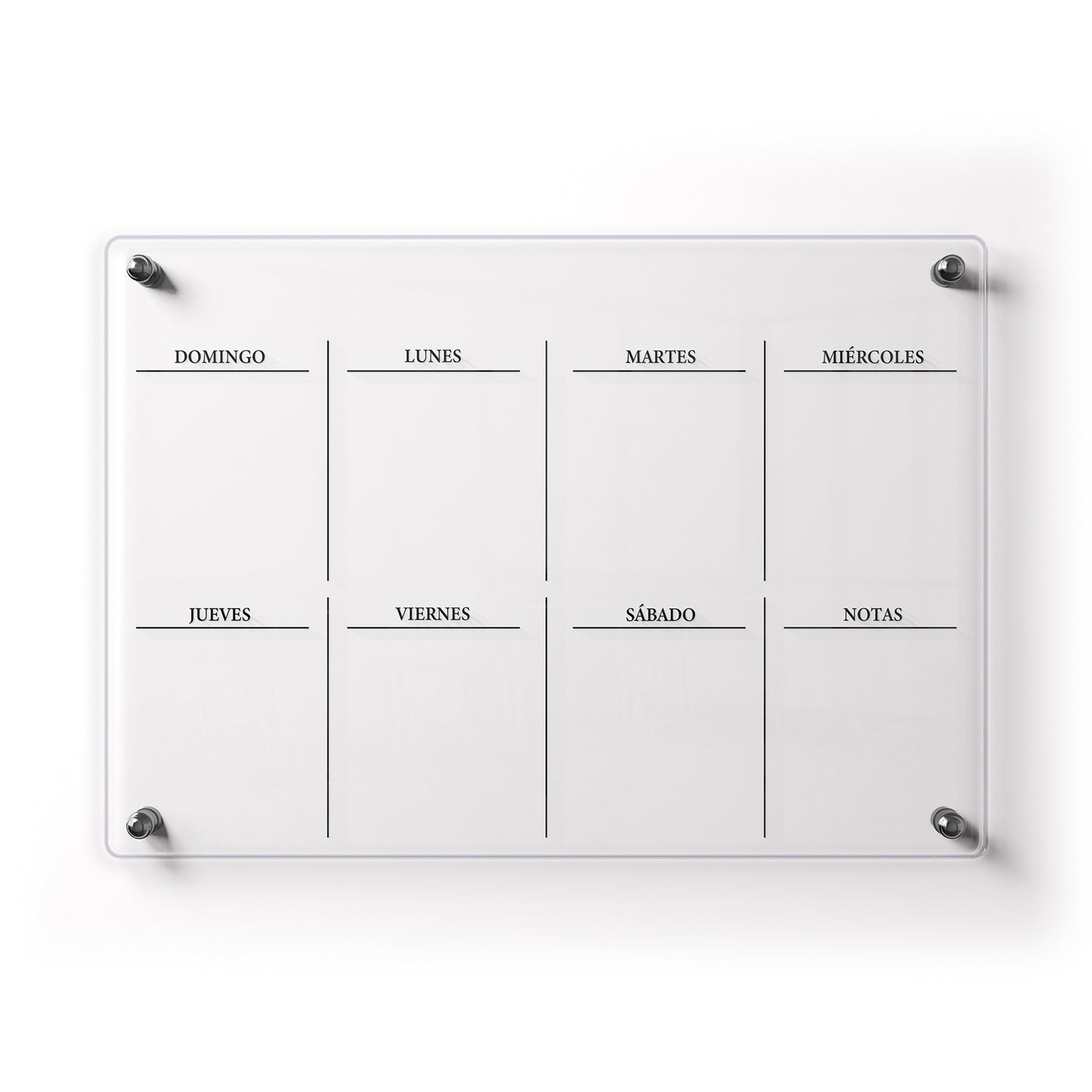 Planificador semanal de acrílico transparente con soportes de aluminio, diseño minimalista y reutilizable. Ideal para organizar tareas, metas y actividades. Incluye marcador borrable. Envío gratis en compras en línea