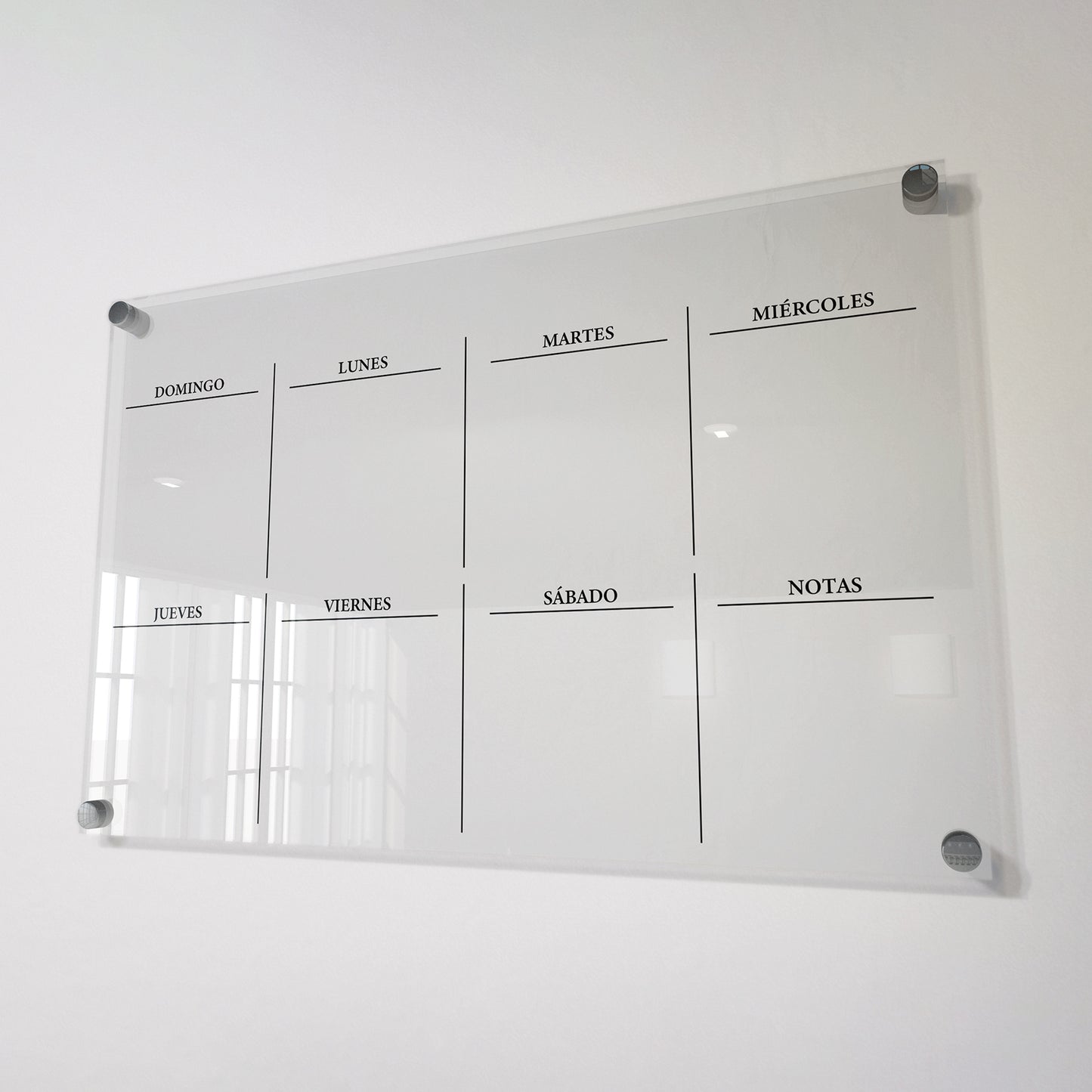 Planificador semanal de acrílico transparente con soportes de aluminio, diseño minimalista y reutilizable. Ideal para organizar tareas, metas y actividades. Incluye marcador borrable. Envío gratis en compras en línea