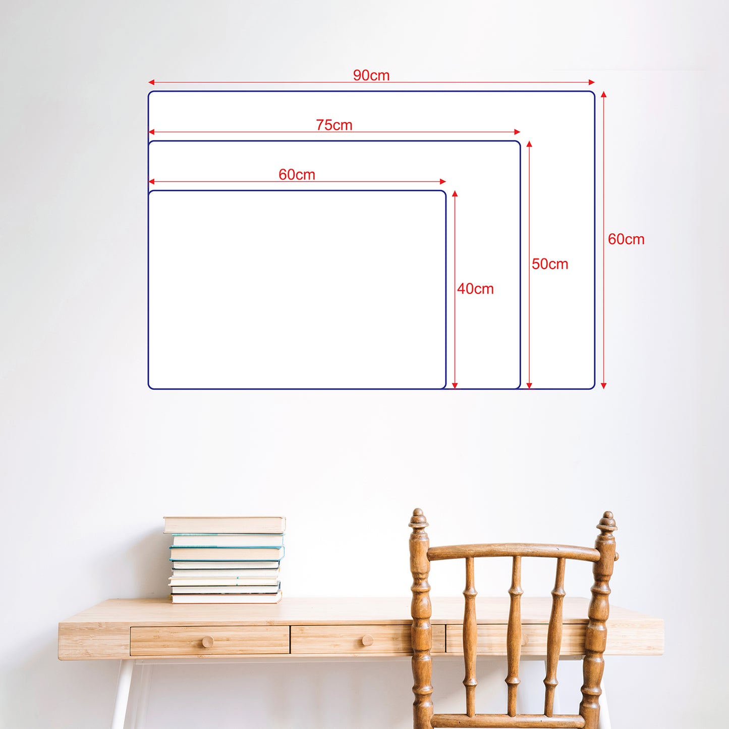 Guía de medidas de planificadores de acrílico con opciones de 60x40 cm, 75x50 cm y 90x60 cm. Ventajas: reutilizable, ecológico, diseño elegante y fácil instalación con soportes de aluminio. Incluye marcador borrable