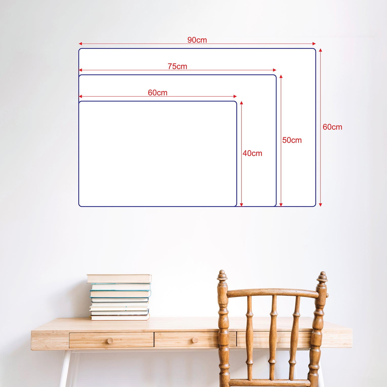 Guía de medidas de planificadores de acrílico con opciones de 60x40 cm, 75x50 cm y 90x60 cm. Ventajas: reutilizable, ecológico, diseño elegante y fácil instalación con soportes de aluminio. Incluye marcador borrable