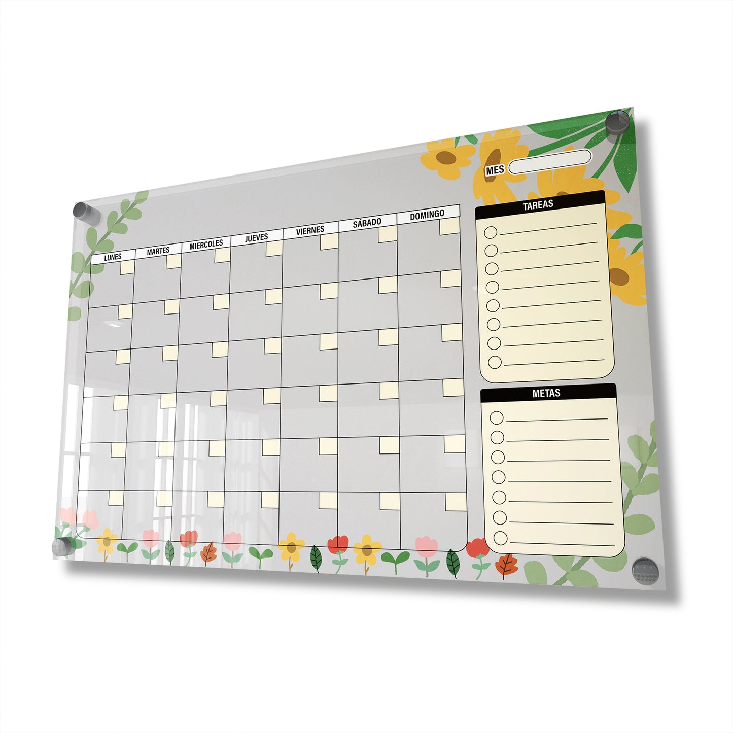 Planificador mensual de acrílico transparente con soportes de aluminio, diseño minimalista y reutilizable. Ideal para organizar tareas, metas y actividades. Incluye marcador borrable. Envío gratis en compras en línea.