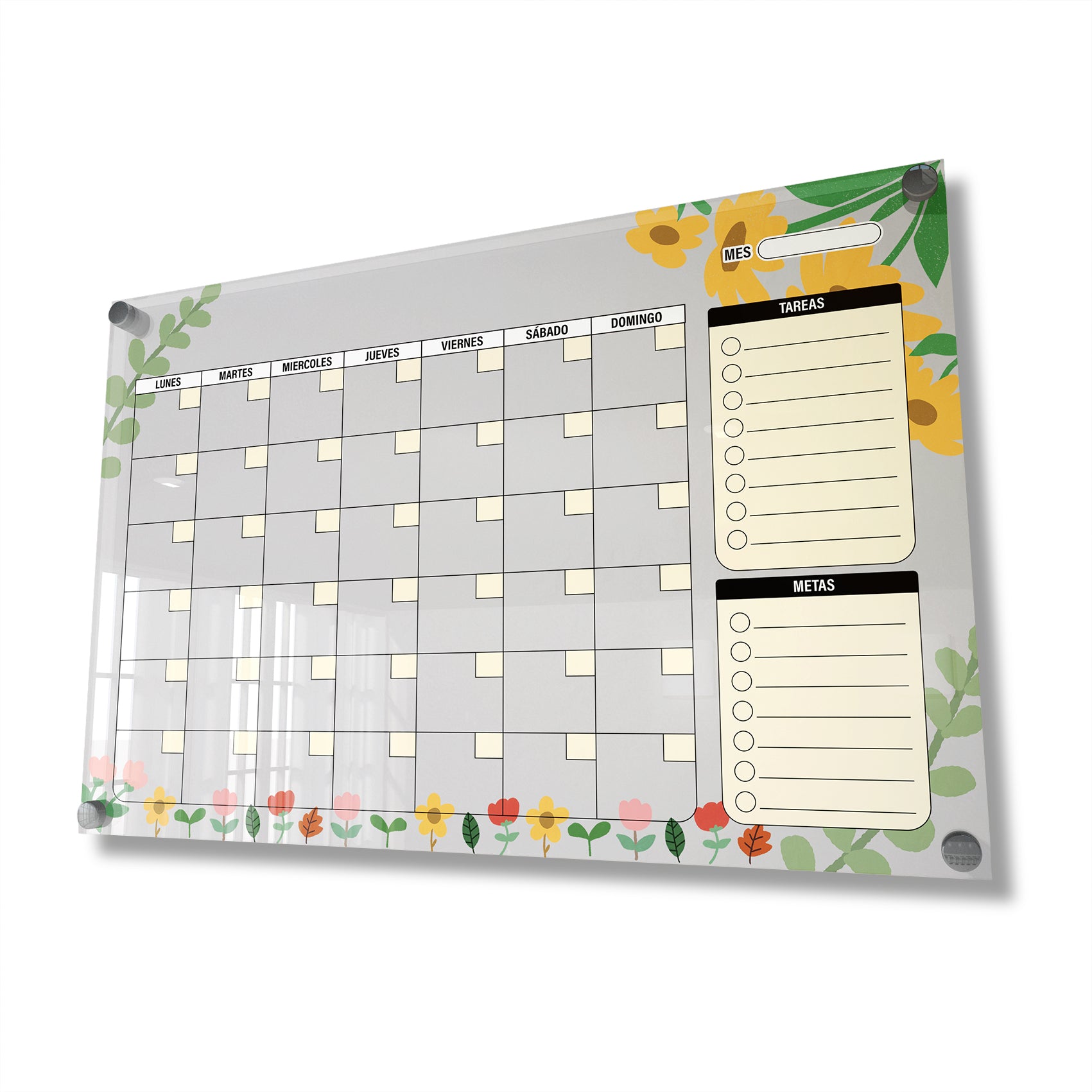 Planificador mensual de acrílico transparente con soportes de aluminio, diseño minimalista y reutilizable. Ideal para organizar tareas, metas y actividades. Incluye marcador borrable. Envío gratis en compras en línea.