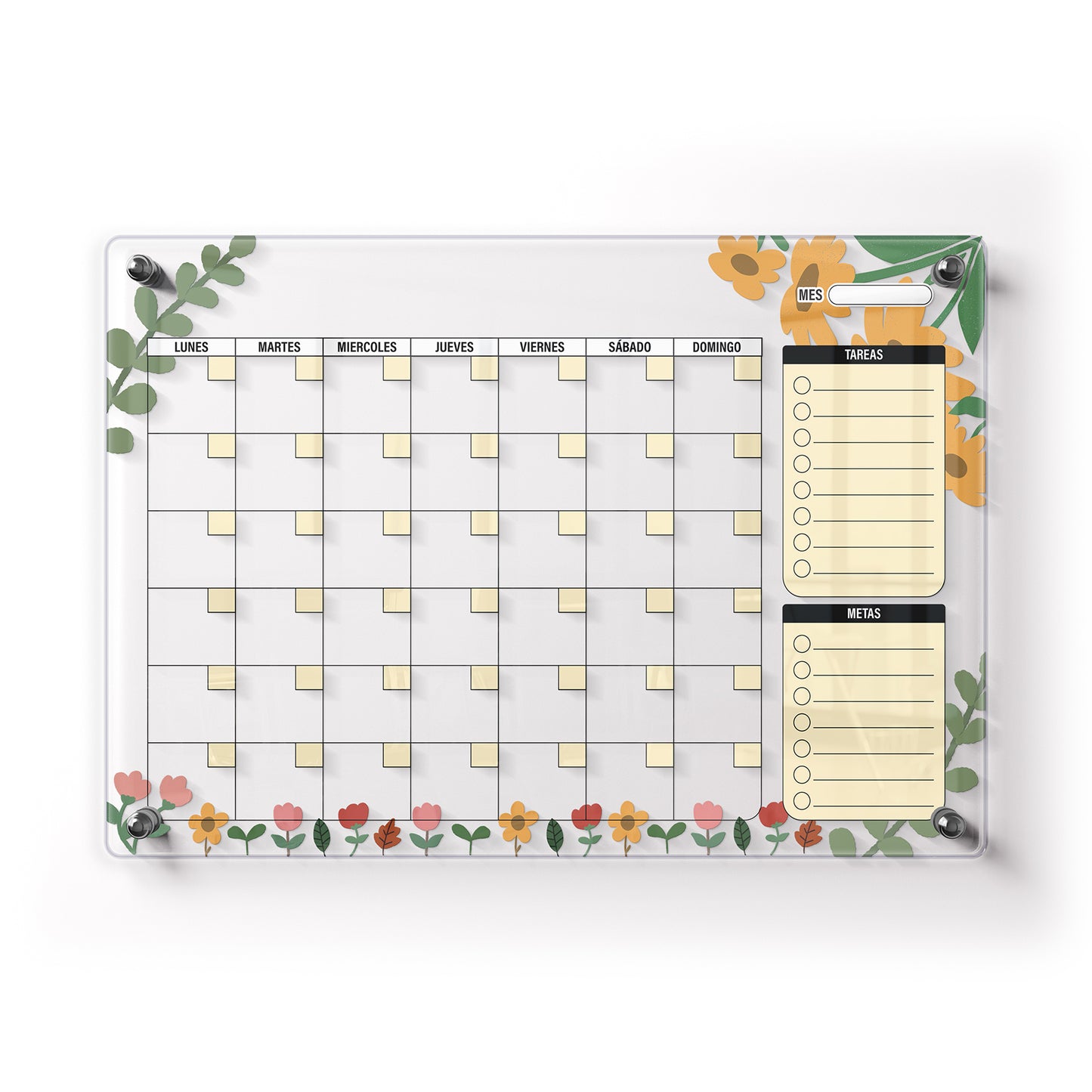 Planificador mensual de acrílico transparente con soportes de aluminio, diseño minimalista y reutilizable. Ideal para organizar tareas, metas y actividades. Incluye marcador borrable. Envío gratis en compras en línea.