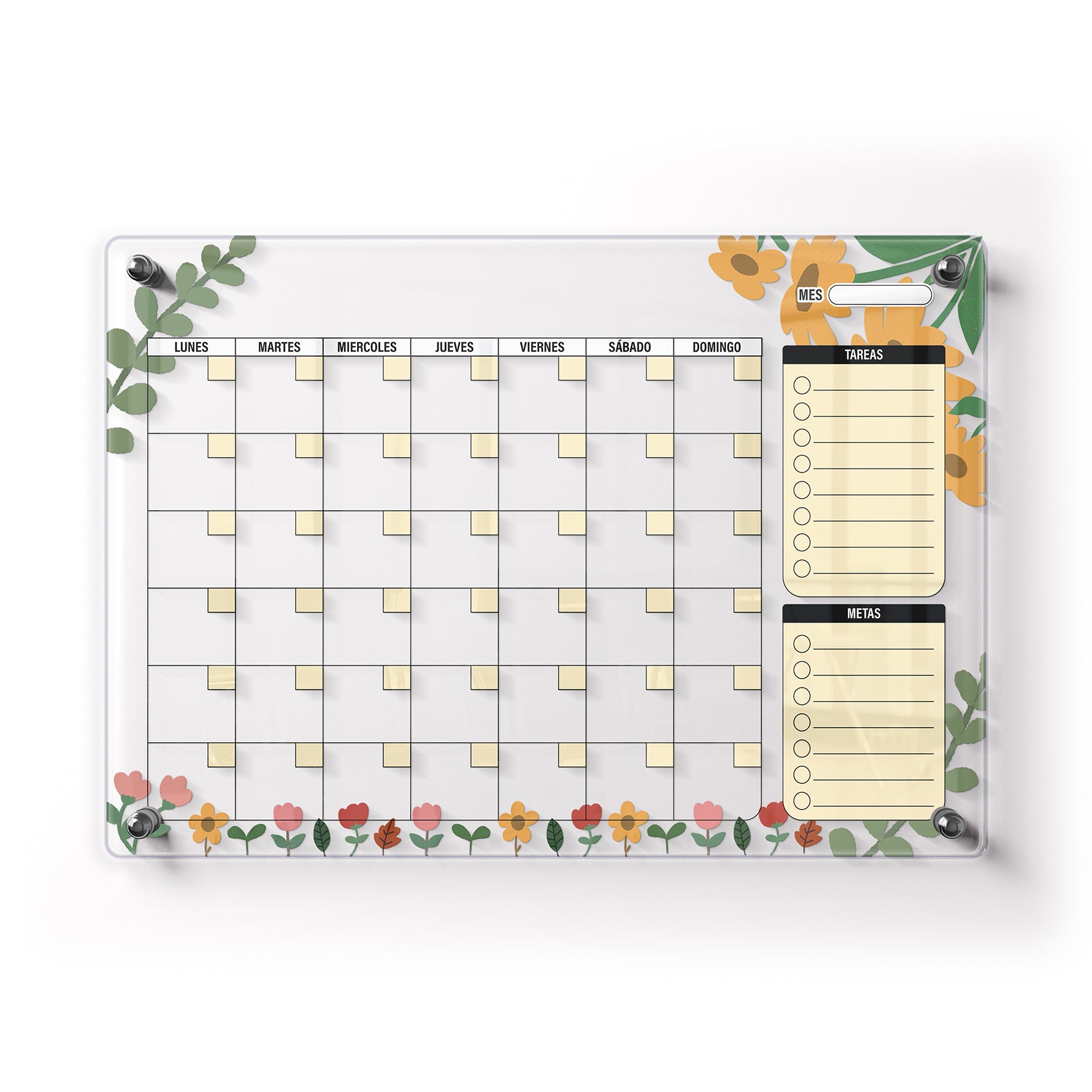 Planificador mensual de acrílico transparente con soportes de aluminio, diseño minimalista y reutilizable. Ideal para organizar tareas, metas y actividades. Incluye marcador borrable. Envío gratis en compras en línea.