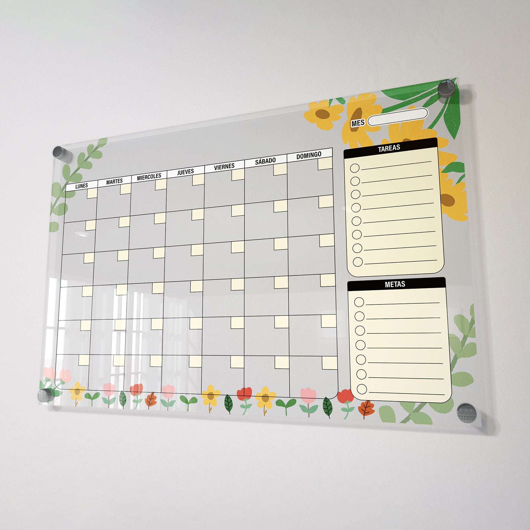 Planificador mensual de acrílico transparente con soportes de aluminio, diseño minimalista y reutilizable. Ideal para organizar tareas, metas y actividades. Incluye marcador borrable. Envío gratis en compras en línea.