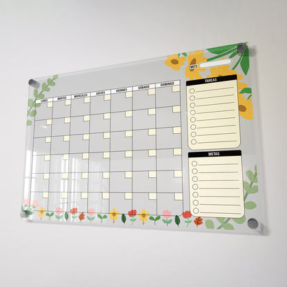 Planificador mensual de acrílico transparente con soportes de aluminio, diseño minimalista y reutilizable. Ideal para organizar tareas, metas y actividades. Incluye marcador borrable. Envío gratis en compras en línea.