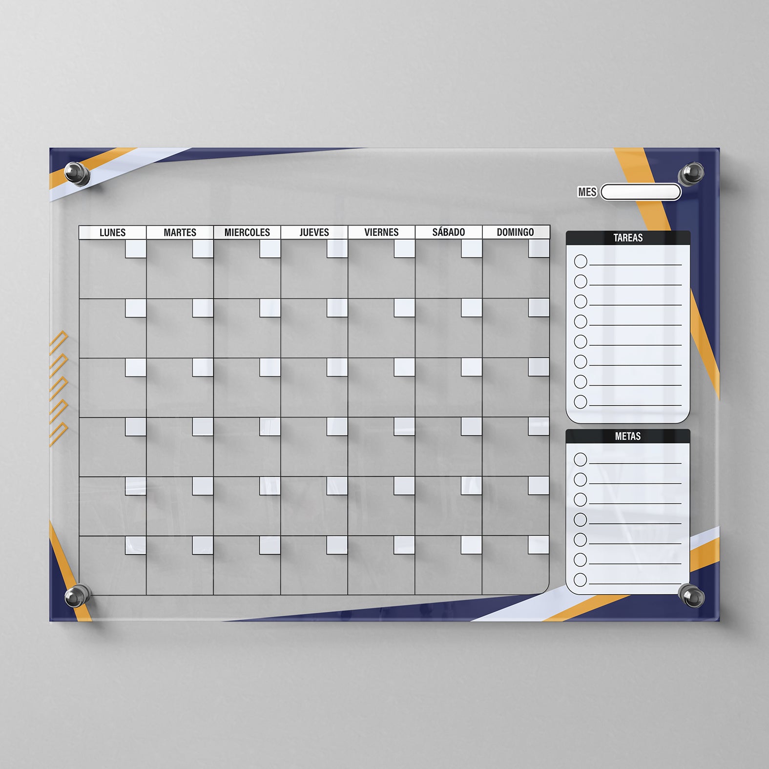 Planificador mensual de acrílico transparente con soportes de aluminio, diseño moderno y elegante. Ideal para organizar tareas, metas y actividades. Incluye marcador borrable. Envío gratis en compras en línea. Pizarrón, tablero de control, organizador