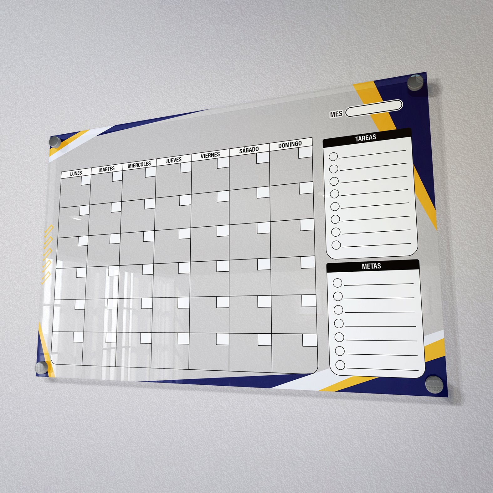 Planificador mensual de acrílico transparente con soportes de aluminio, diseño moderno y elegante. Ideal para organizar tareas, metas y actividades. Incluye marcador borrable. Envío gratis en compras en línea. Pizarrón, tablero de control, organizador