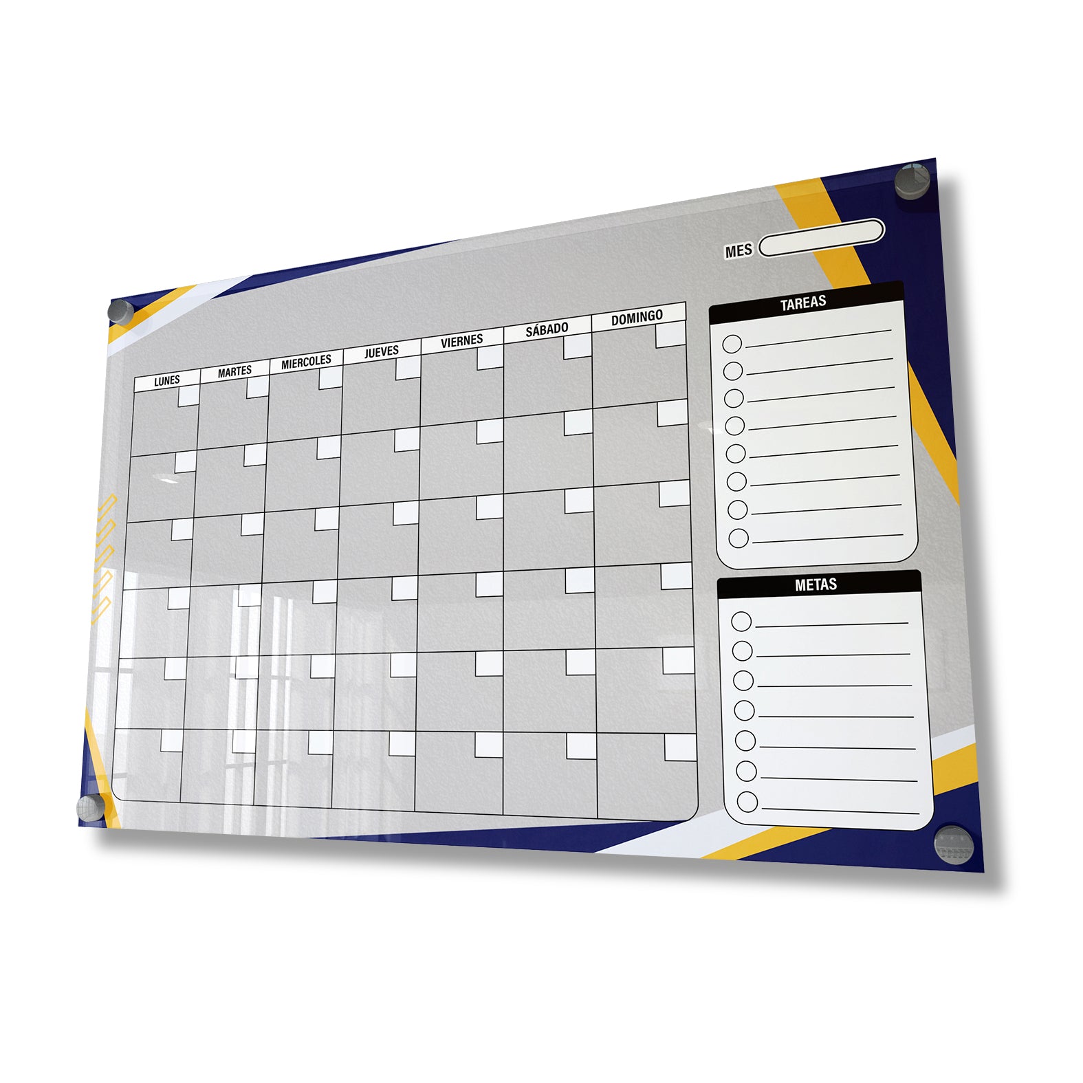 Planificador mensual de acrílico transparente con soportes de aluminio, diseño moderno y elegante. Ideal para organizar tareas, metas y actividades. Incluye marcador borrable. Envío gratis en compras en línea. Pizarrón, tablero de control, organizador