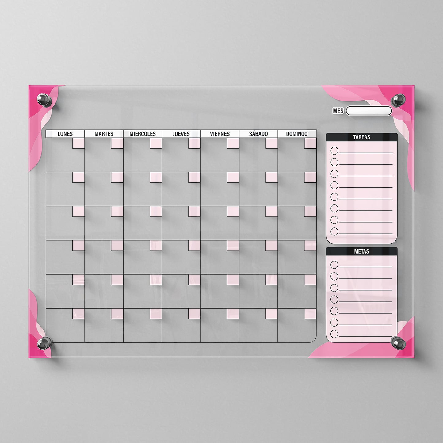 Planificador mensual de acrílico transparente con soportes de aluminio, diseño moderno y elegante. Ideal para organizar tareas, metas y actividades. Incluye marcador borrable. Envío gratis en compras en línea. Pizarrón, tablero de control, organizador